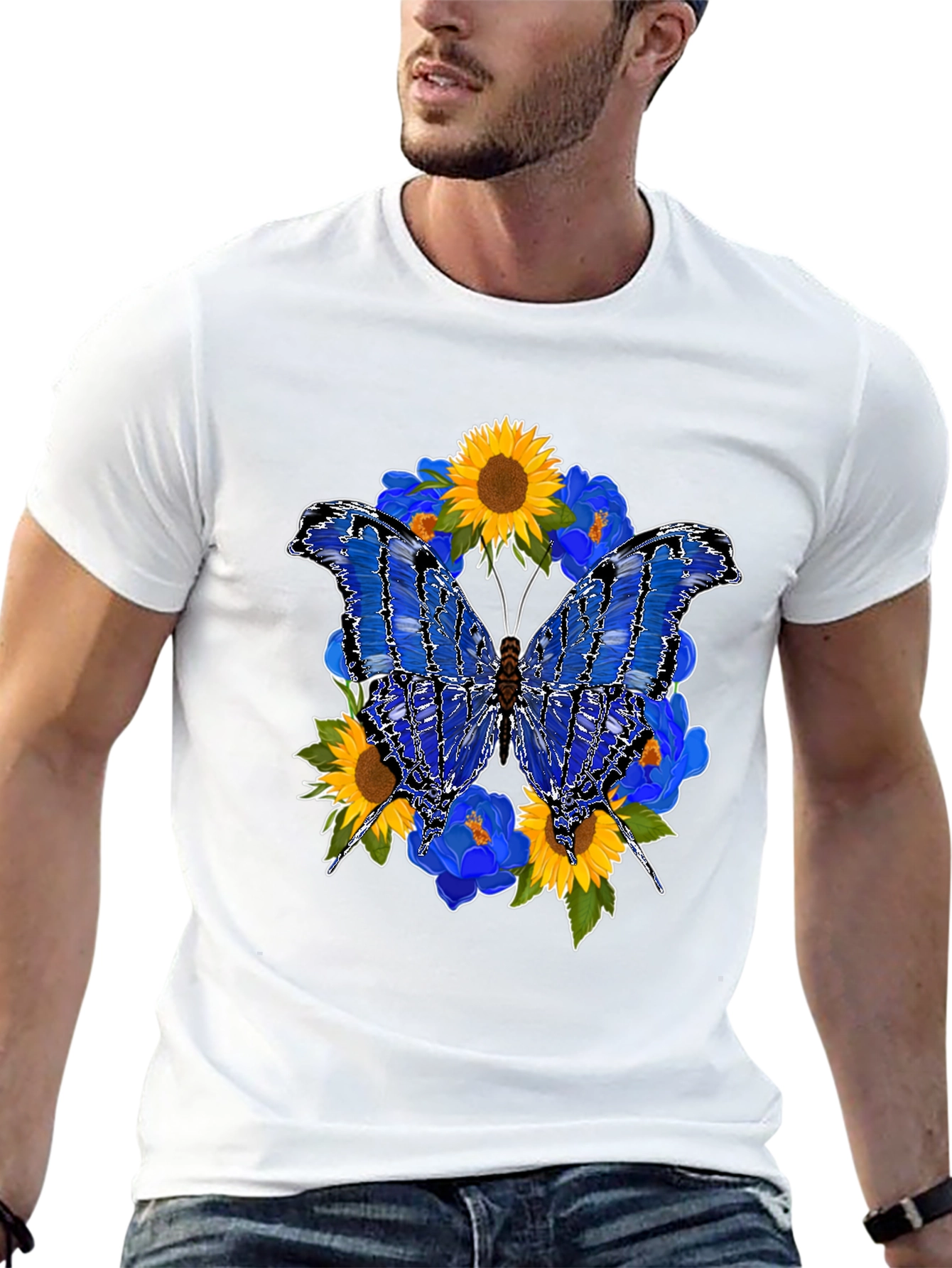 Butterfly Sunflower Graphic Black T-Shirt