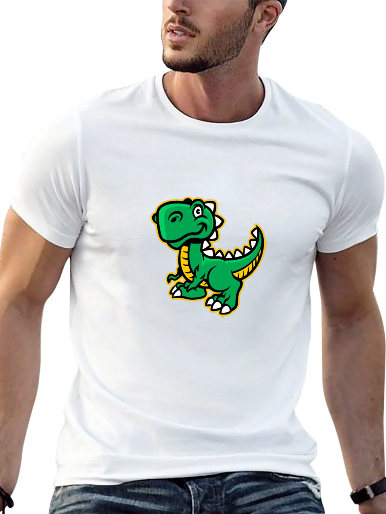 Cartoon Dinosaur Graphic Tee - Black Cotton T-Shirt