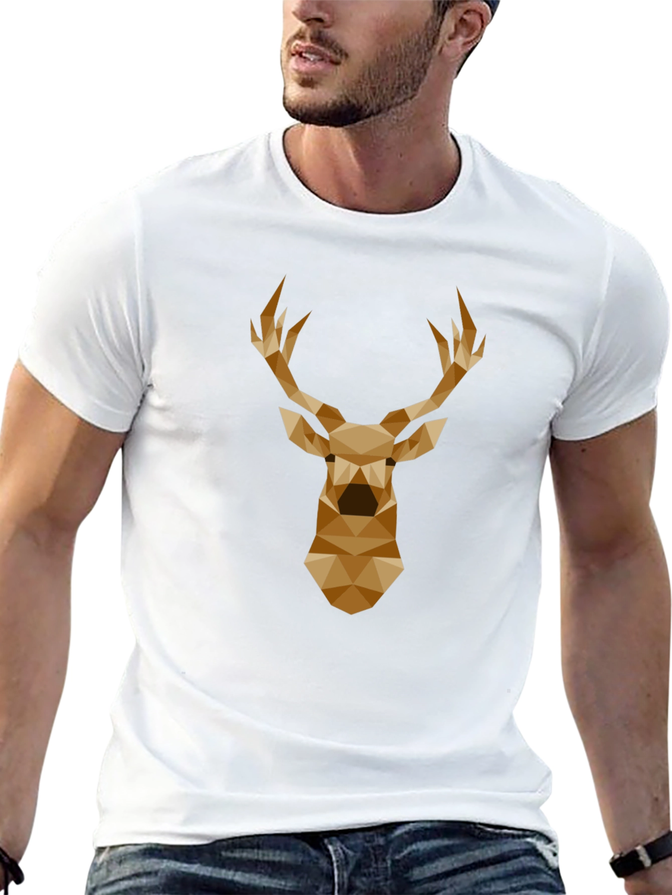 Geometric Deer Head Graphic Tee - Black