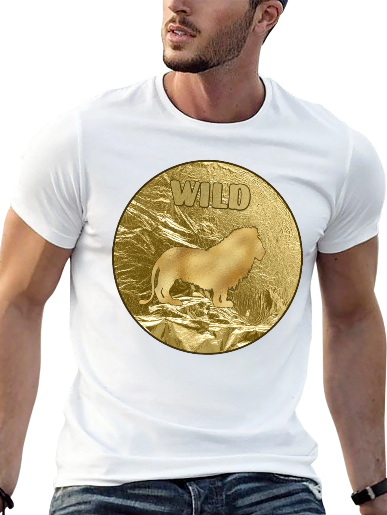 Wild Lion Graphic Tee - Gold Animal Print T-Shirt