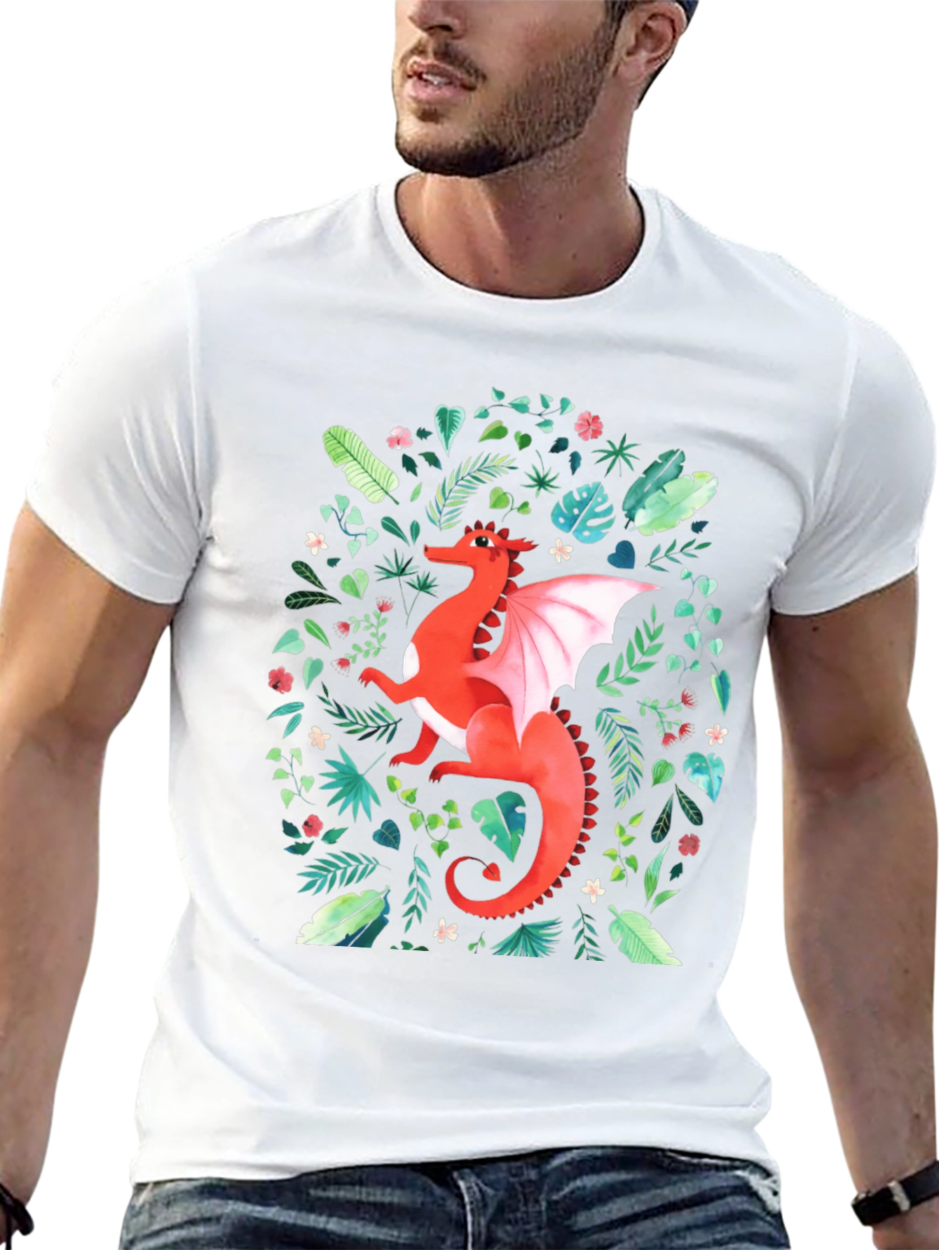 Red Dragon T-Shirt - Fantasy Floral Design
