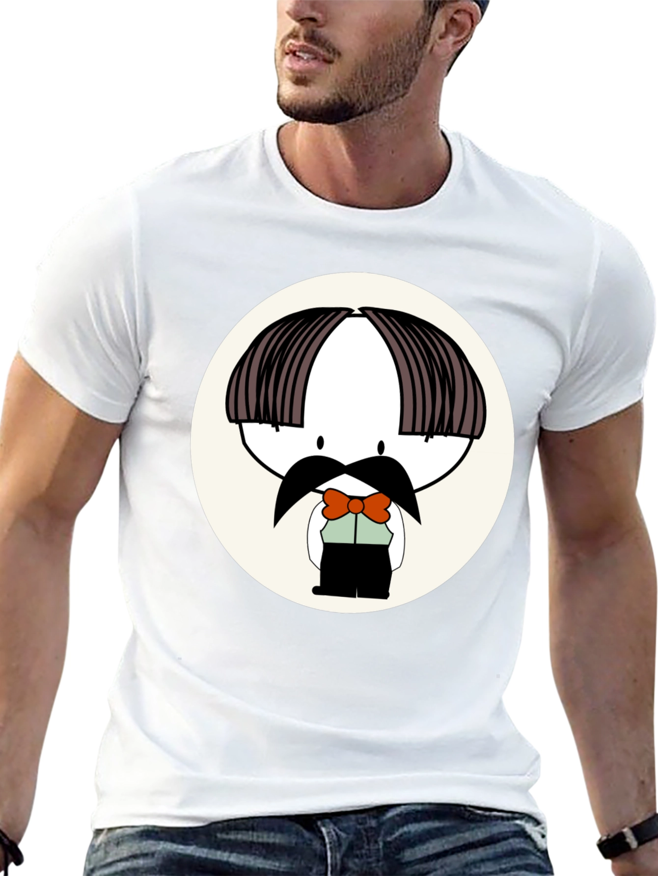 Cartoon Moustache Character Black T-Shirt