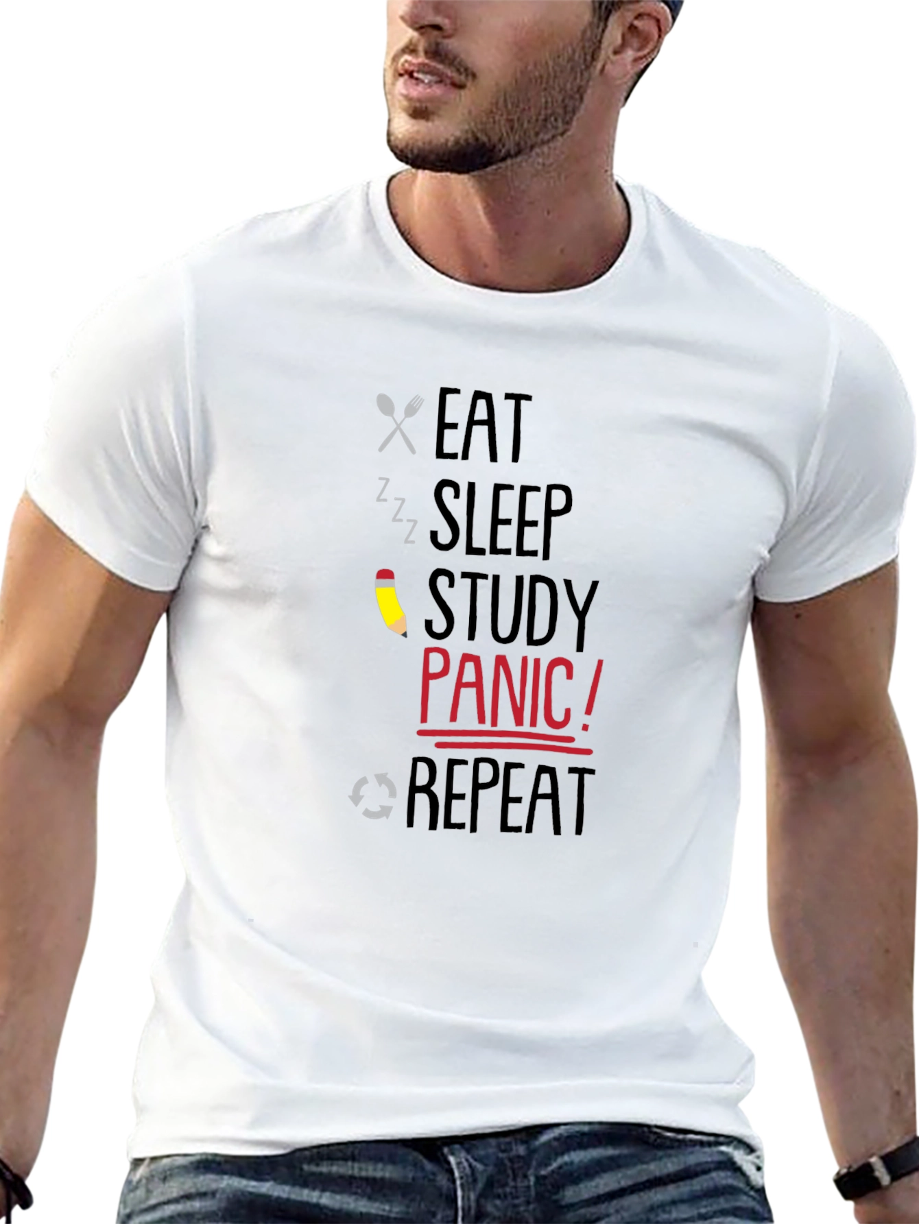 Eat Sleep Study Panic Repeat Graphic T-Shirt