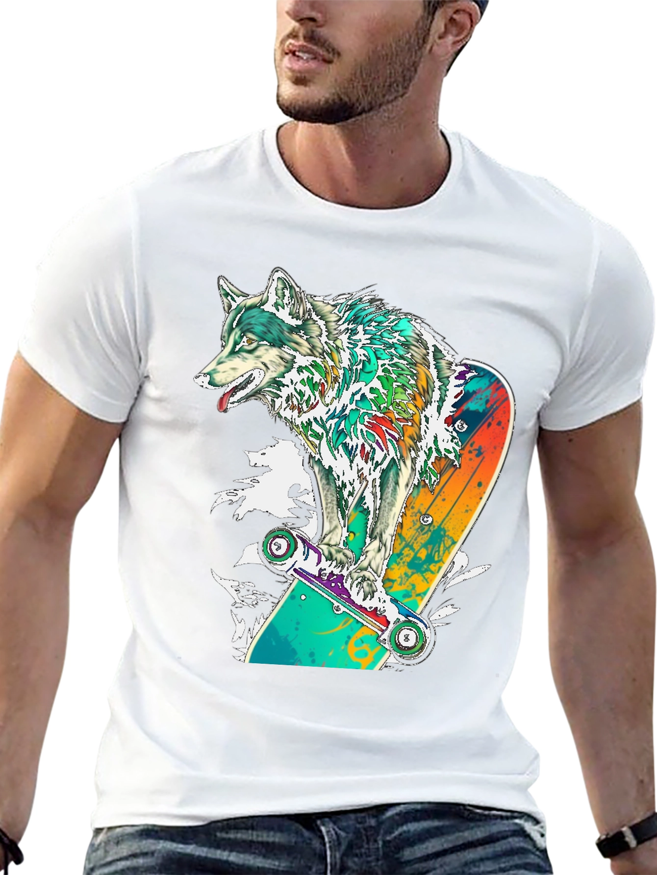 Wolf Skateboarder Graphic Black T-Shirt