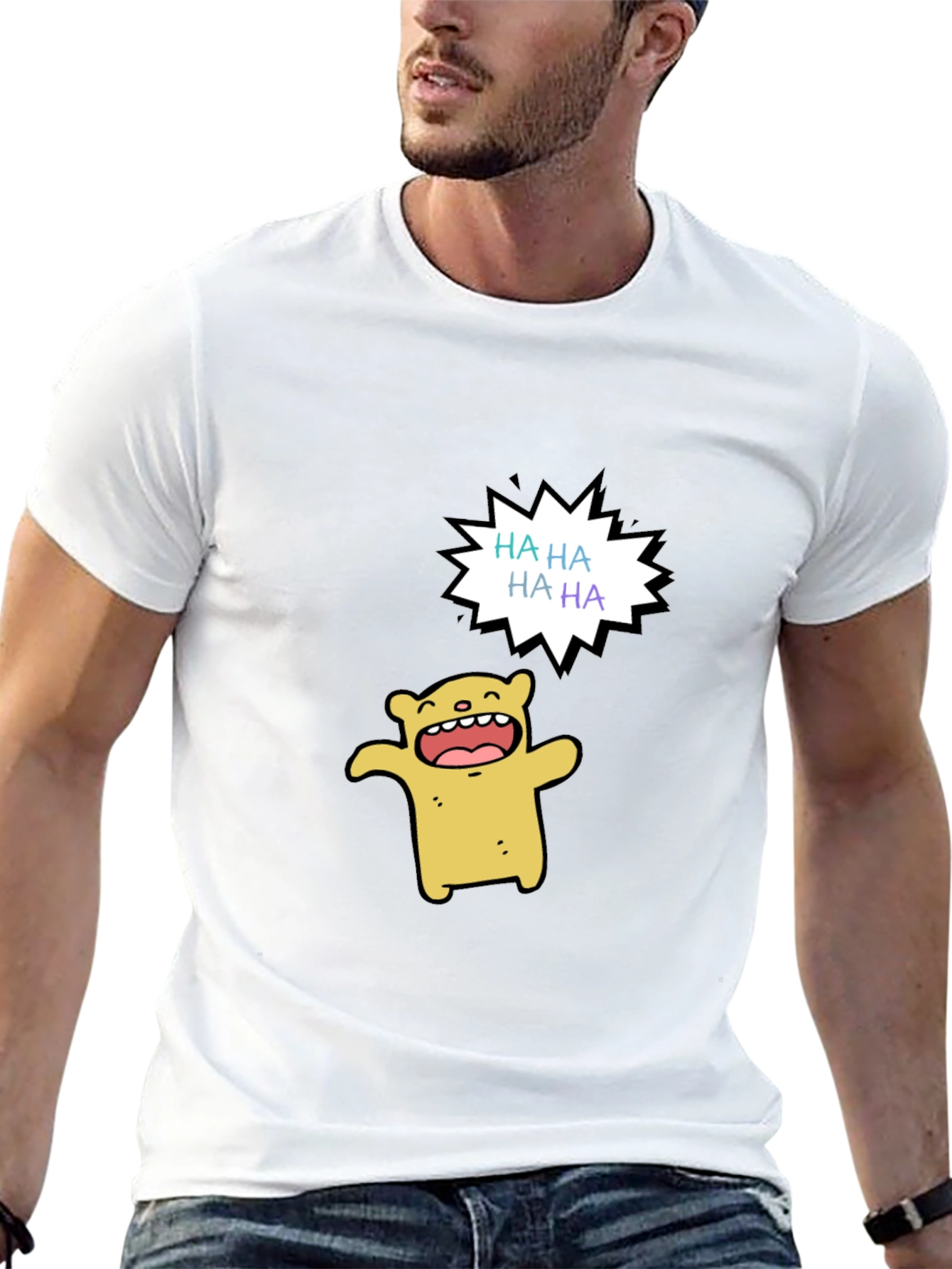 Funny Cartoon Bear HAHA Graphic Black T-Shirt