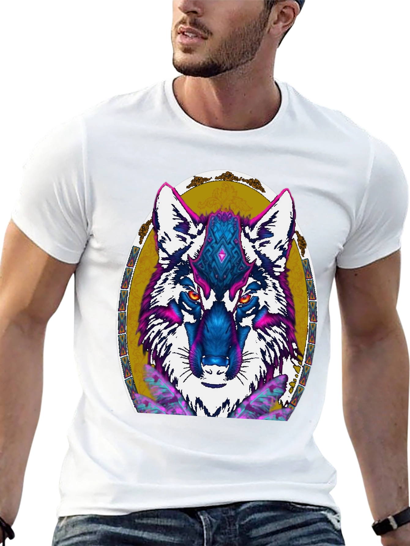 Wolf Graphic Print Tee - Tribal Art Design