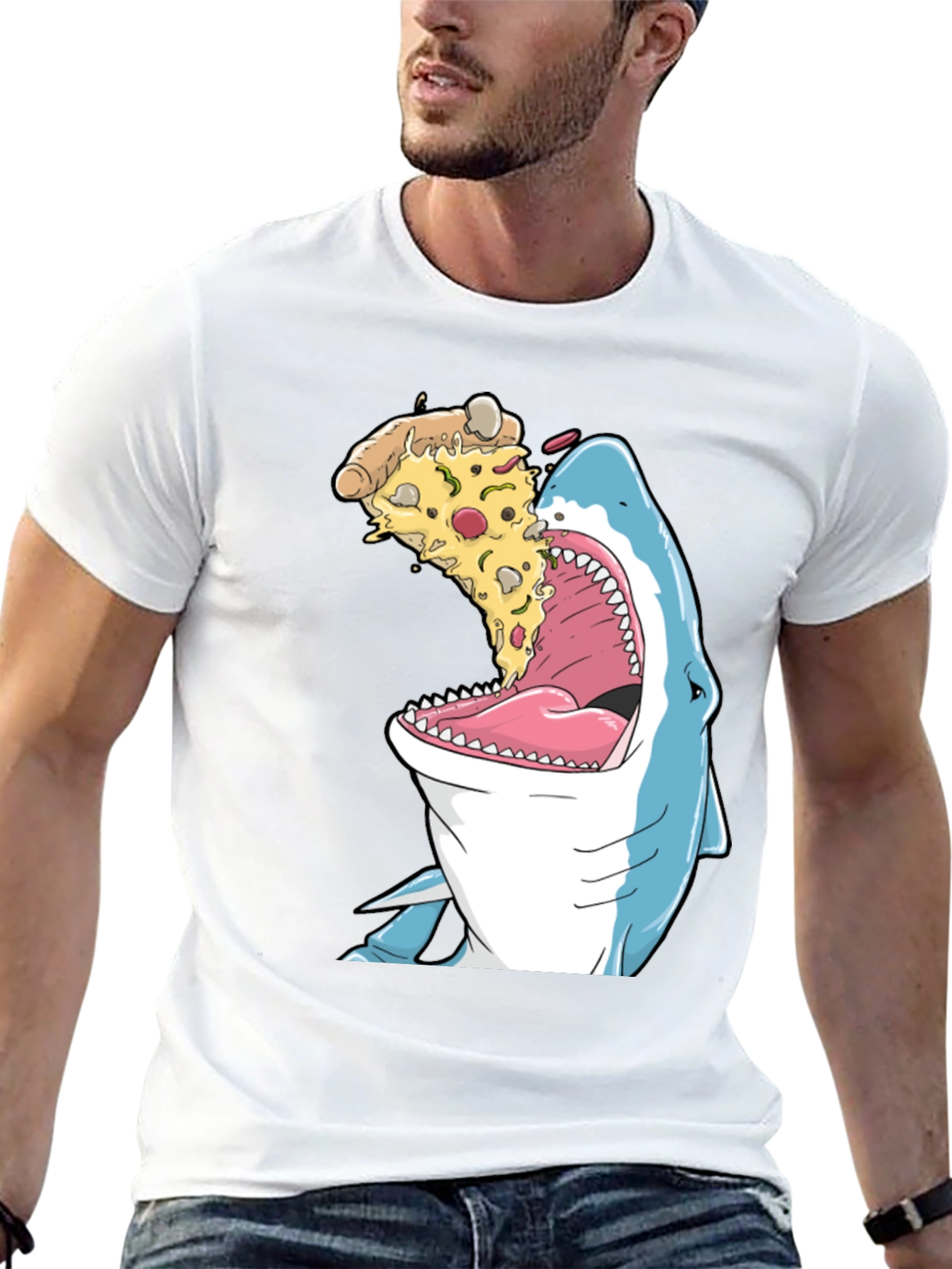 Shark Eating Pizza Funny Graphic T-Shirt