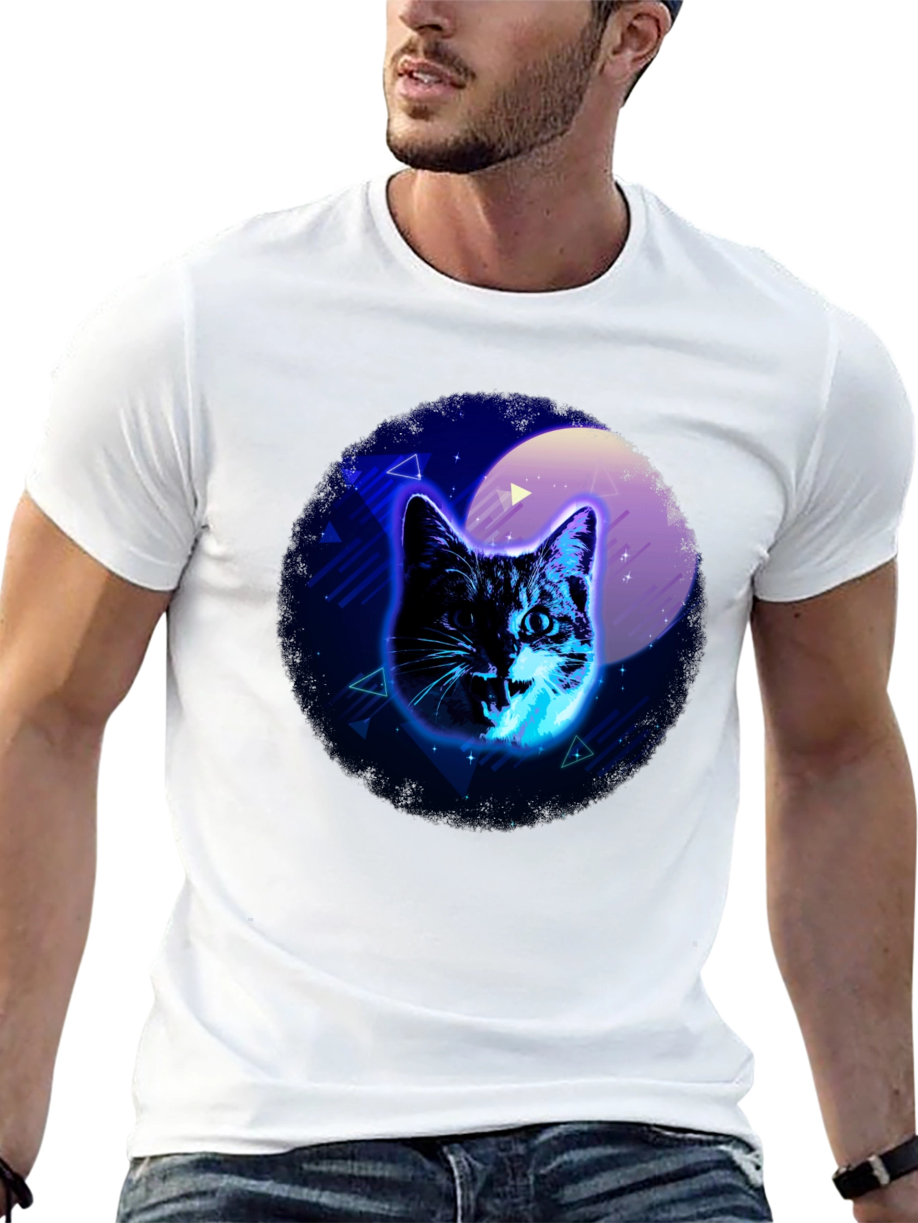Neon Cat Graphic Black T-Shirt