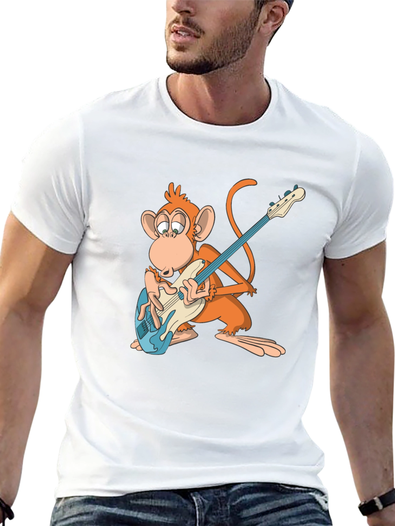 Monkey Guitarist Graphic Tee - Black Cotton T-Shirt