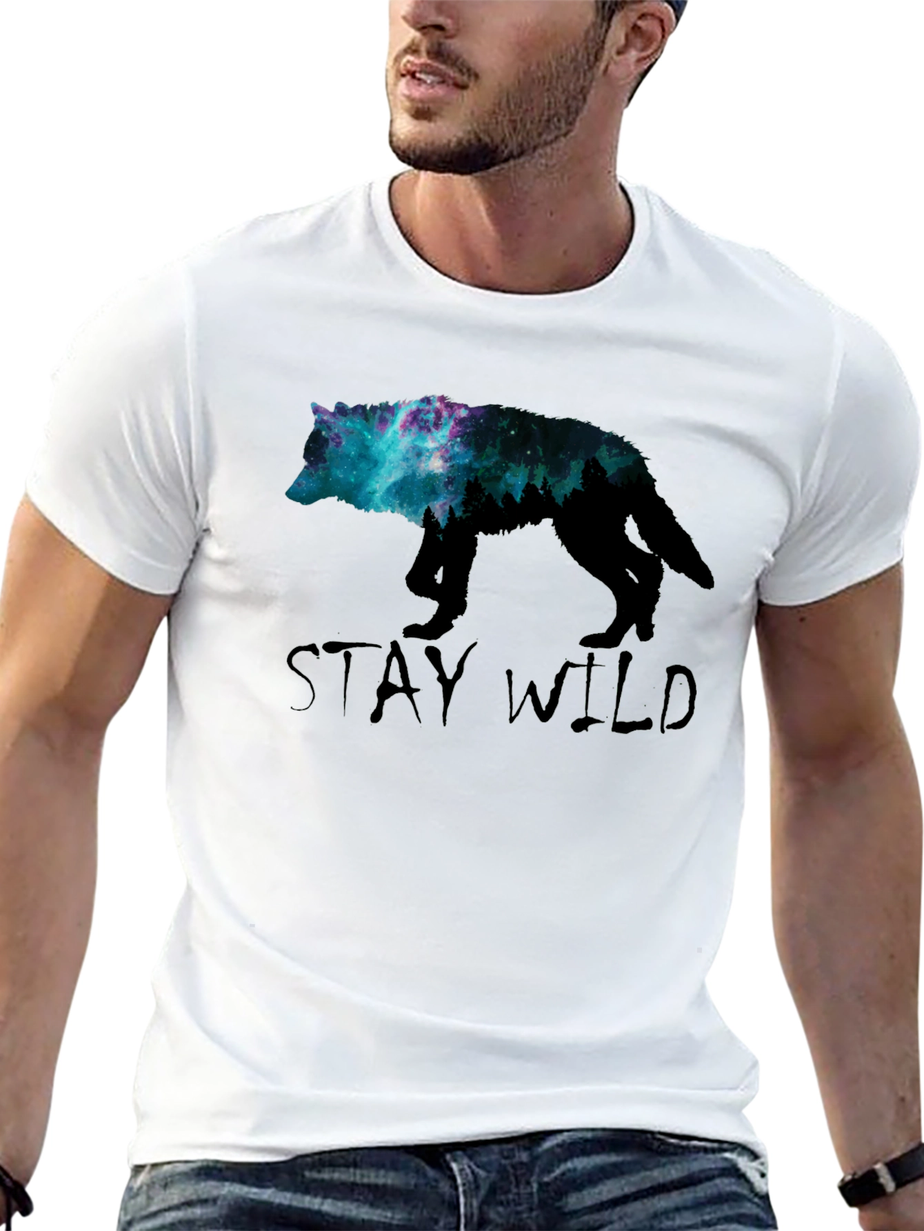 Stay Wild Wolf Galaxy Graphic Tee - Black
