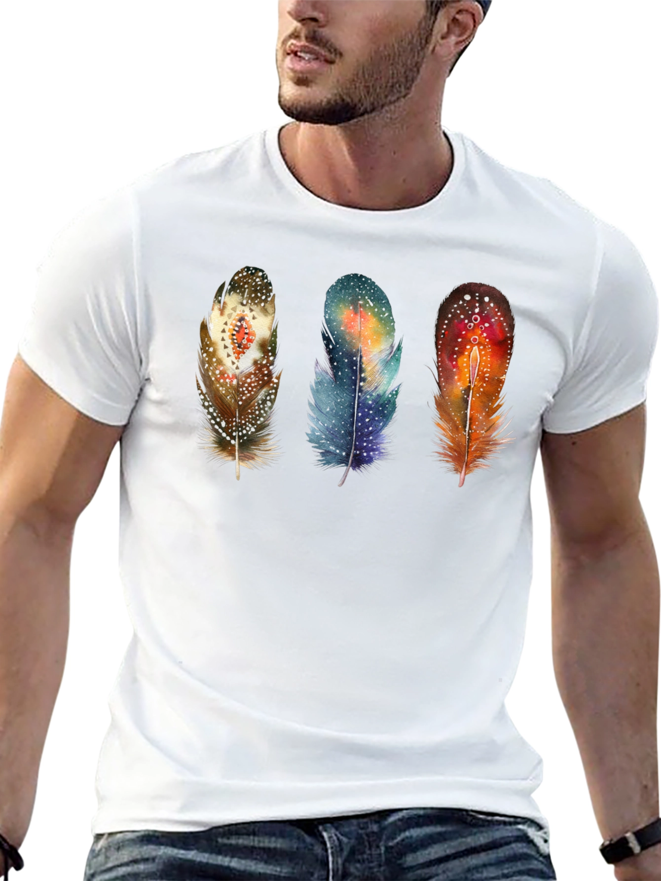 Feather Trio Graphic T-Shirt - Unique Artistic Design