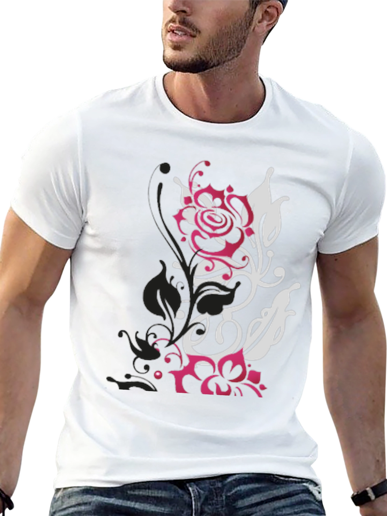 Black T-Shirt with Floral Graphic