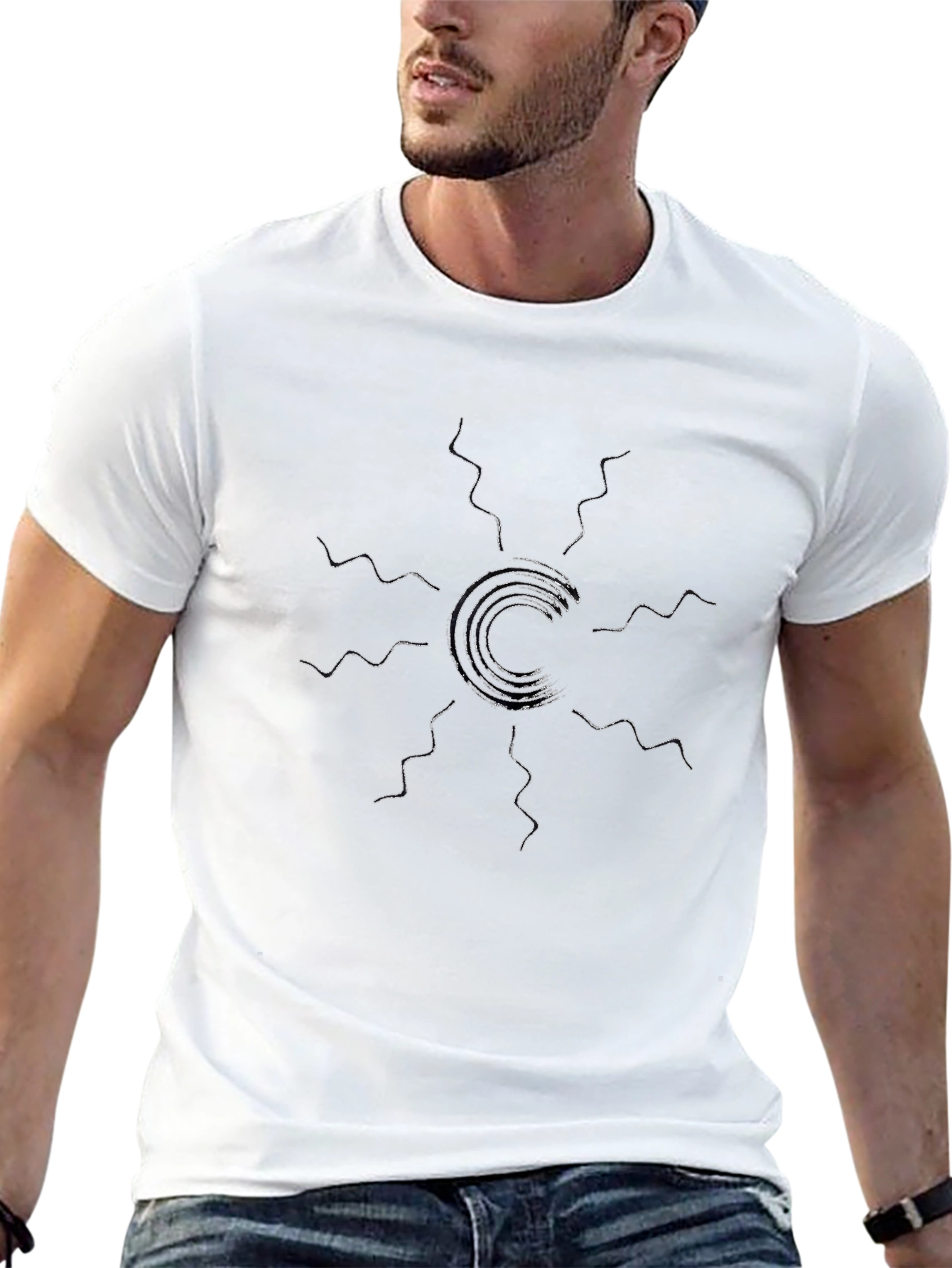 Modern Geometric Sun Graphic Tee - Black
