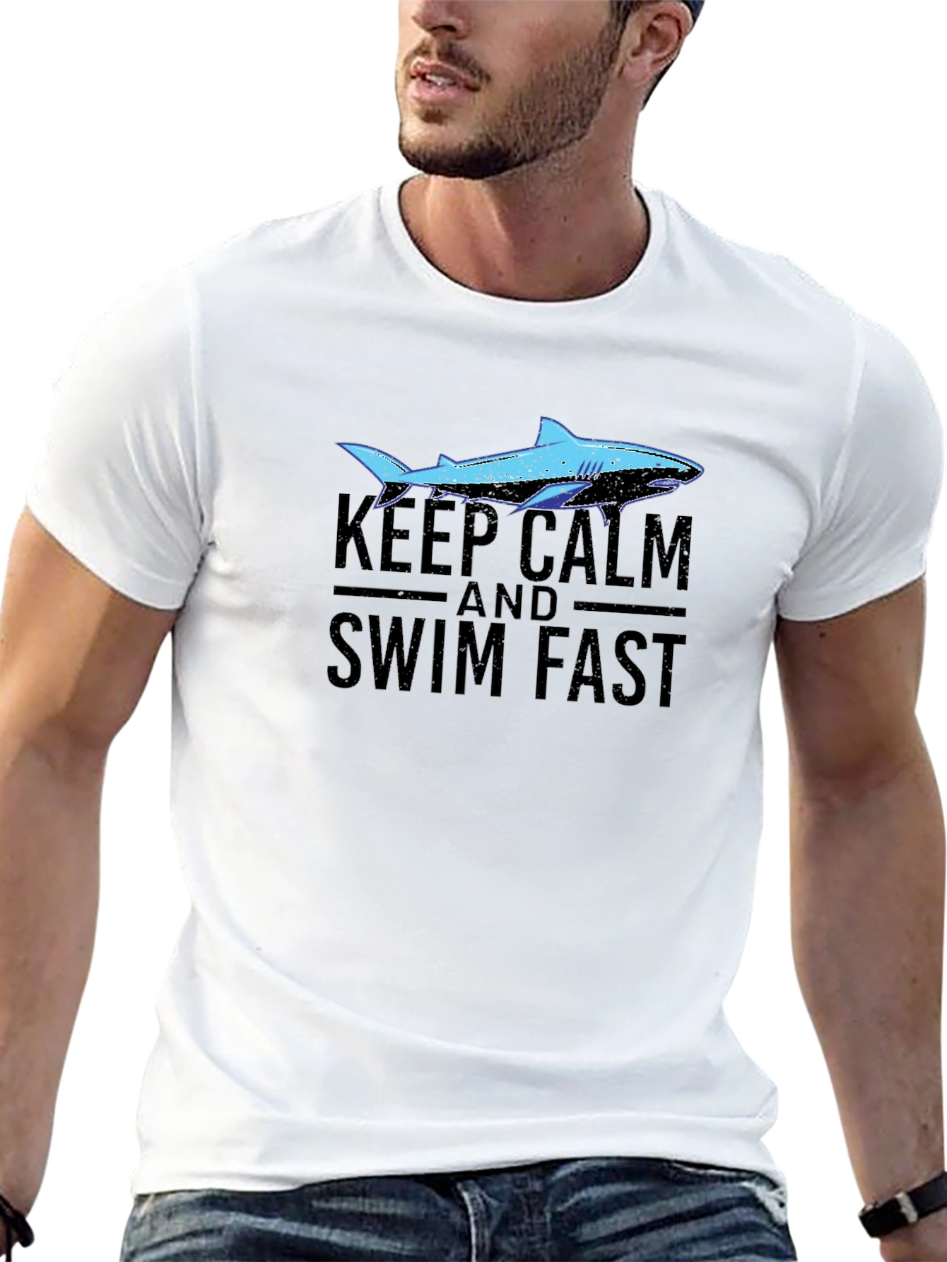 Keep Calm Swim Fast Shark Graphic T-Shirt