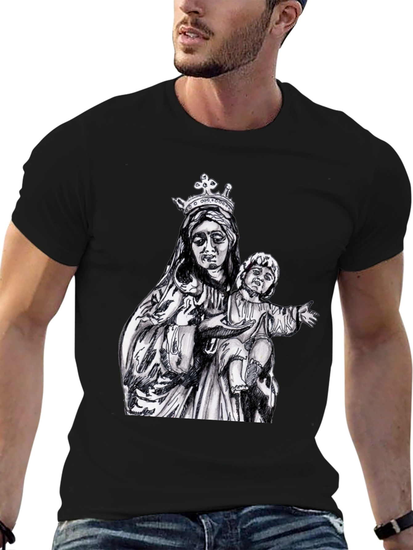 Virgin Mary & Child Graphic T-Shirt - Black