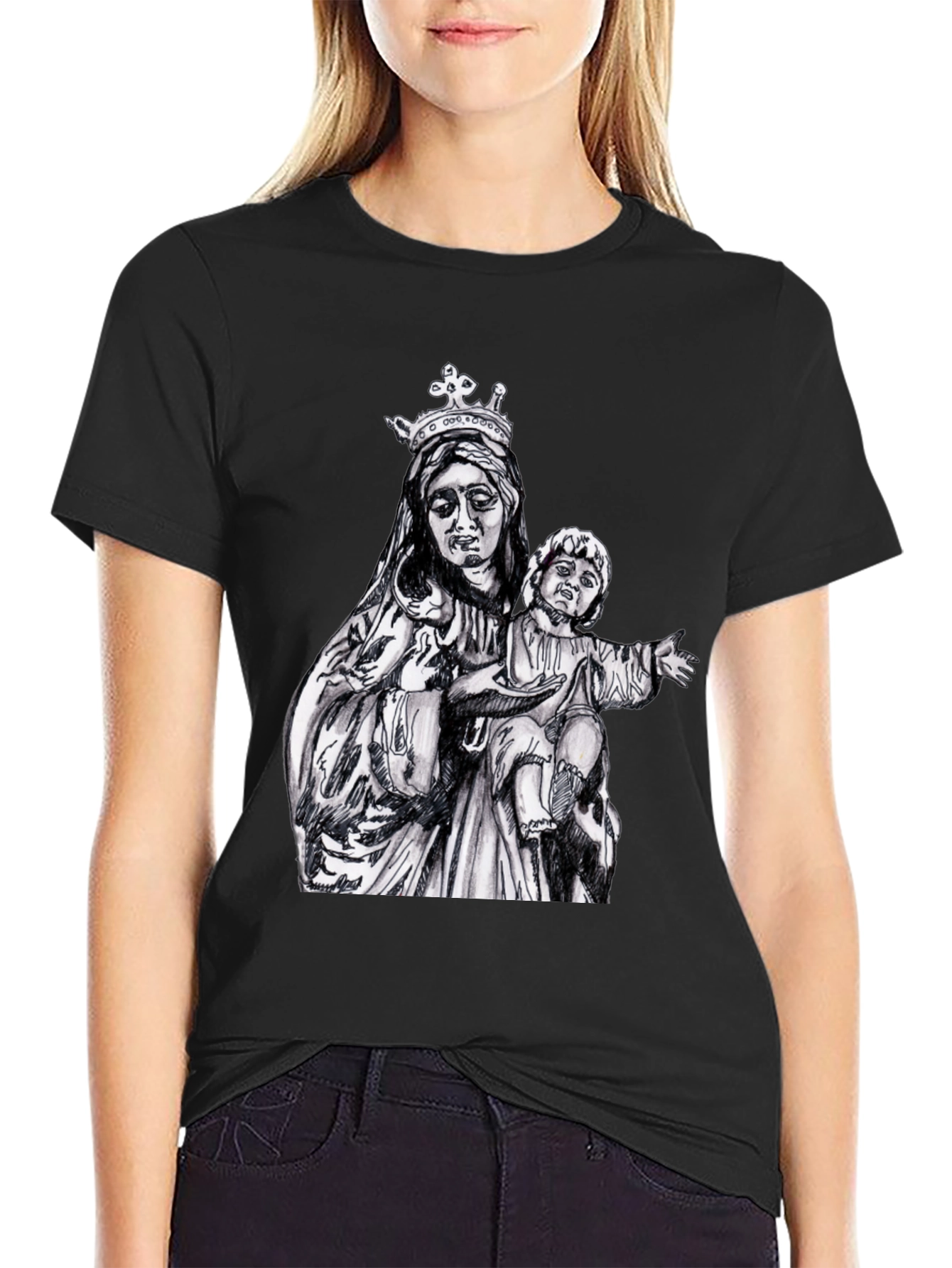 Virgin Mary & Child Graphic T-Shirt - Black