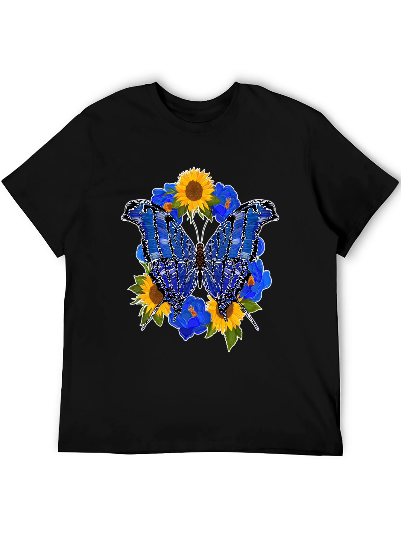 Butterfly Sunflower Graphic Black T-Shirt