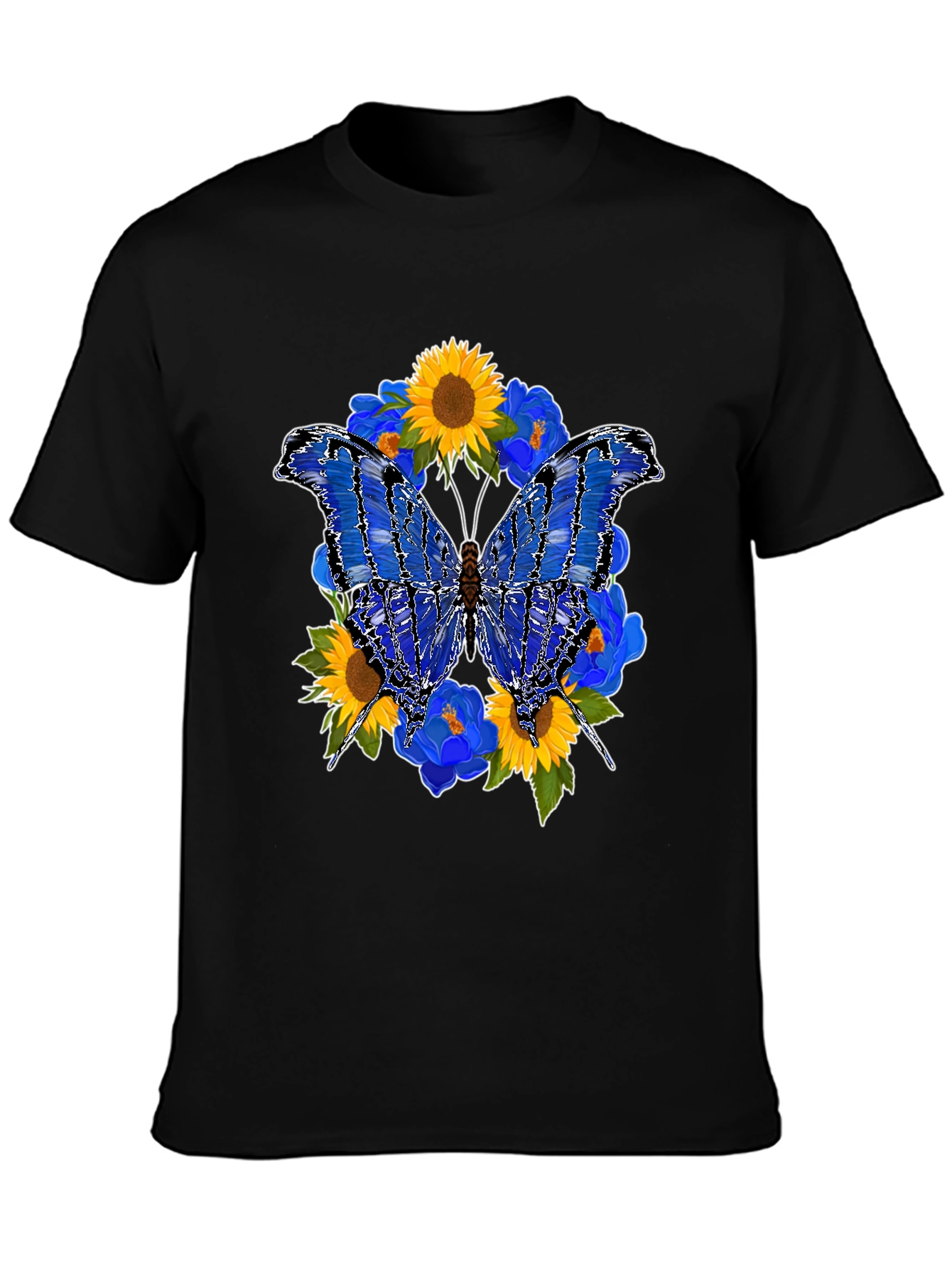 Butterfly Sunflower Graphic Black T-Shirt