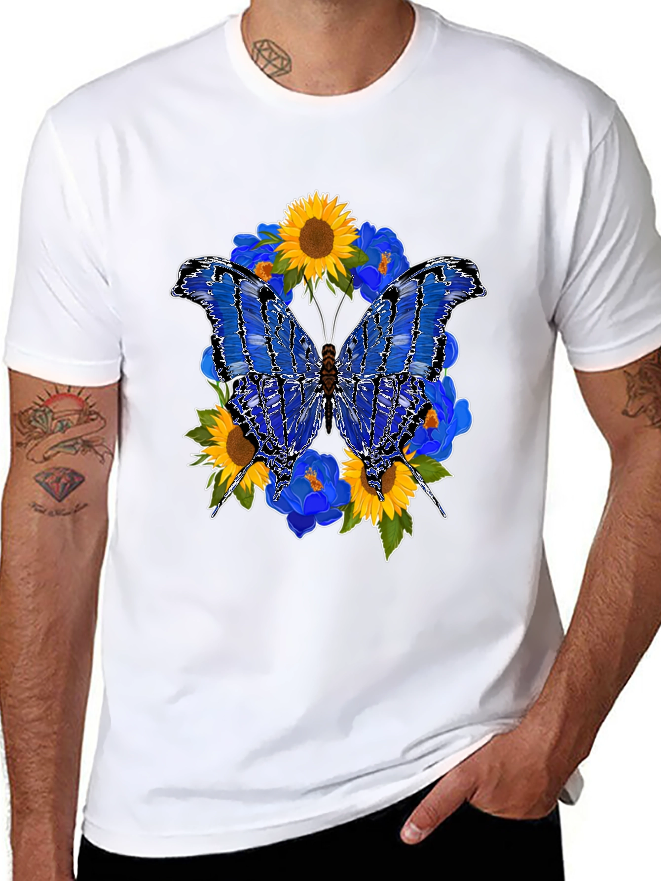 Butterfly Sunflower Graphic Black T-Shirt