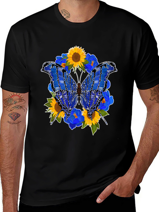 Butterfly Sunflower Graphic Black T-Shirt