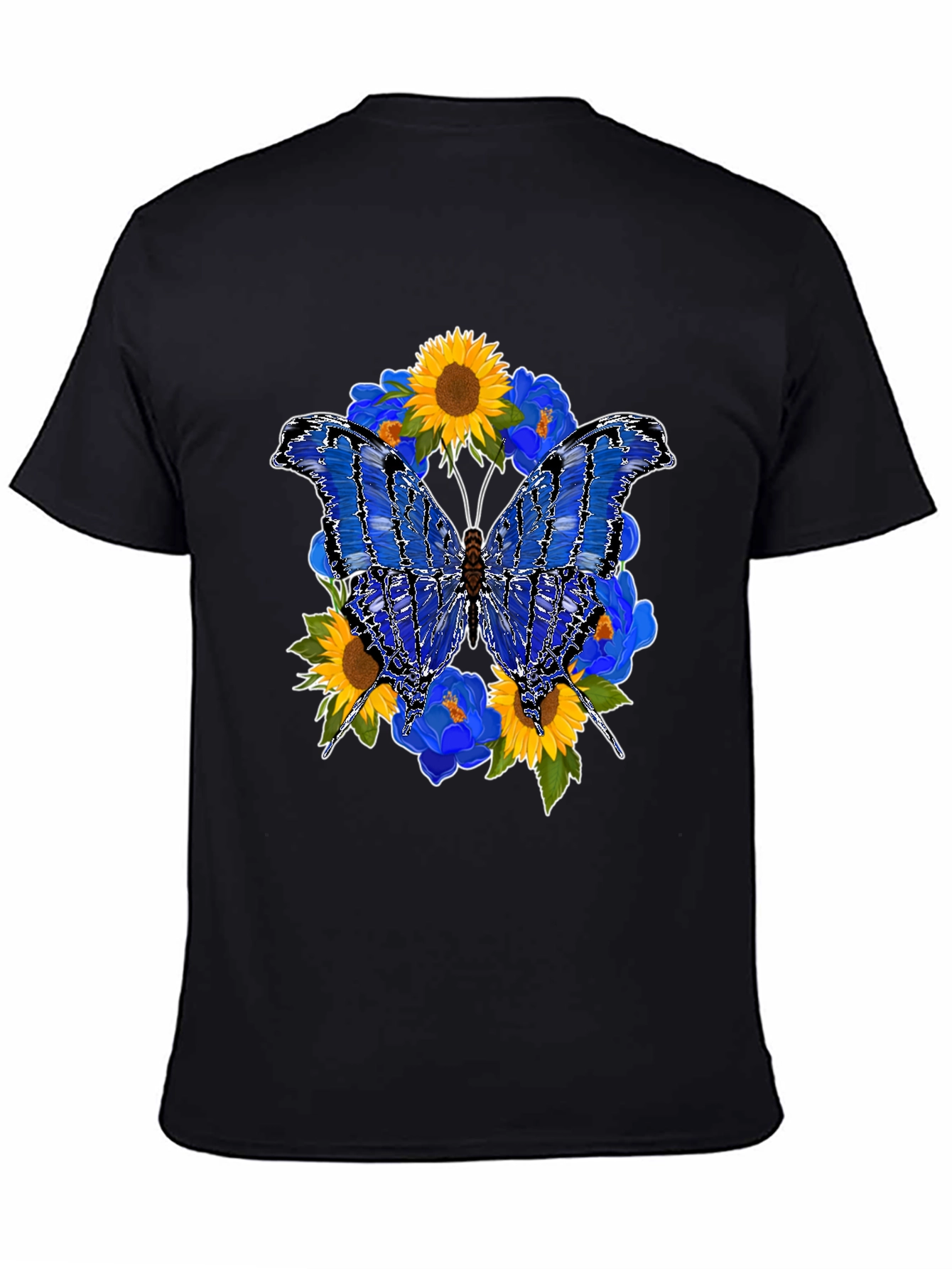 Butterfly Sunflower Graphic Black T-Shirt