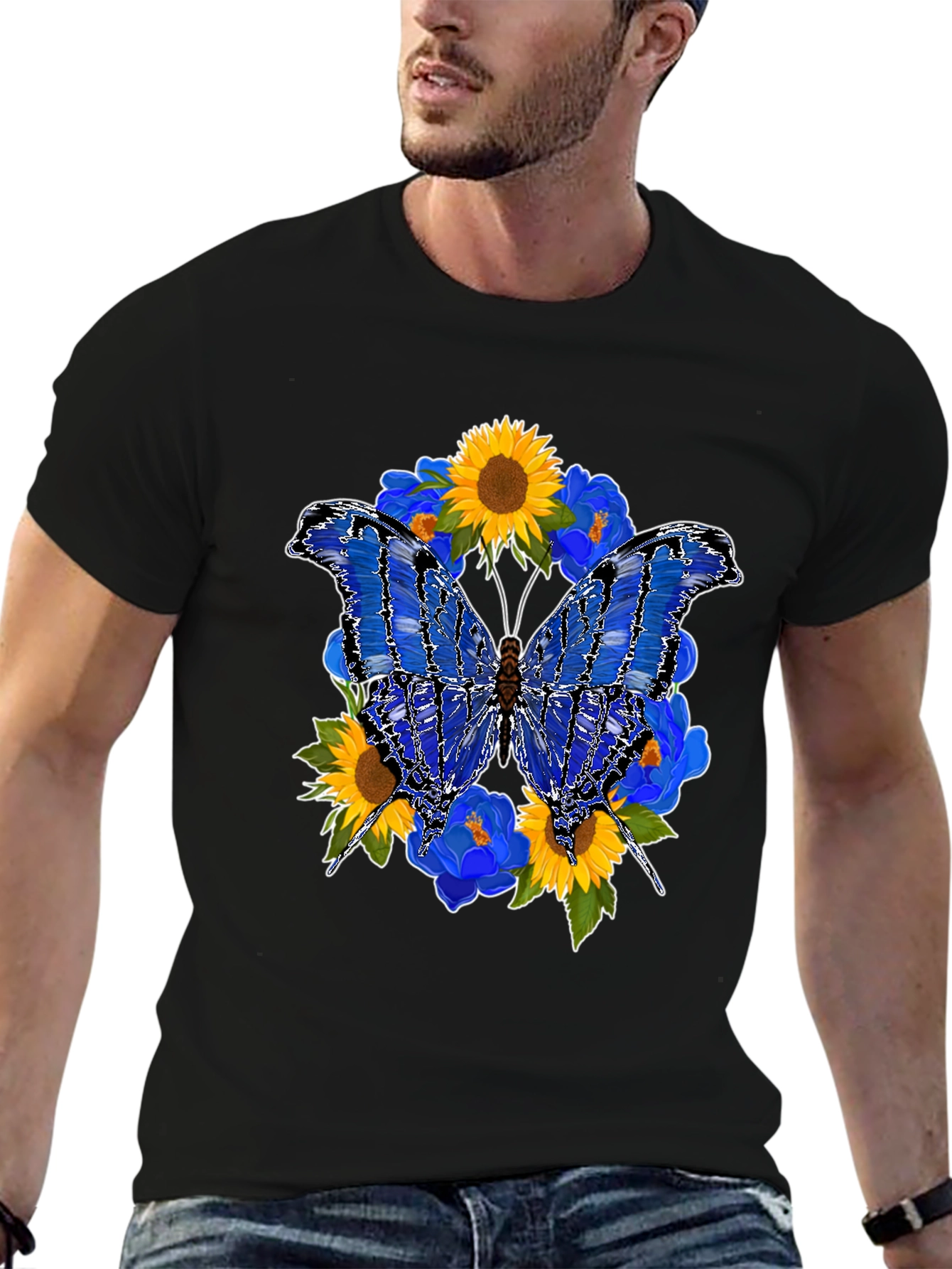 Butterfly Sunflower Graphic Black T-Shirt