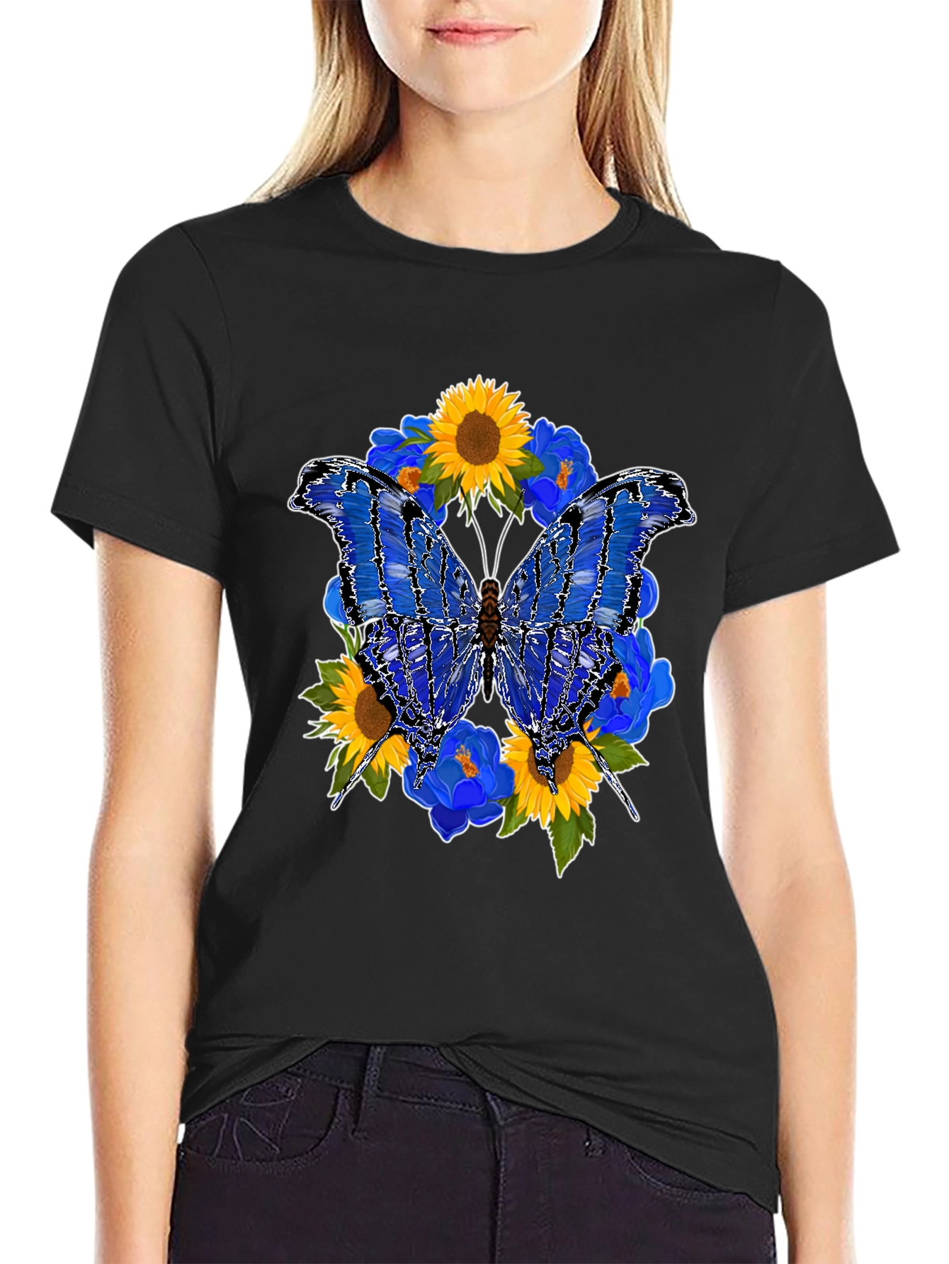Butterfly Sunflower Graphic Black T-Shirt