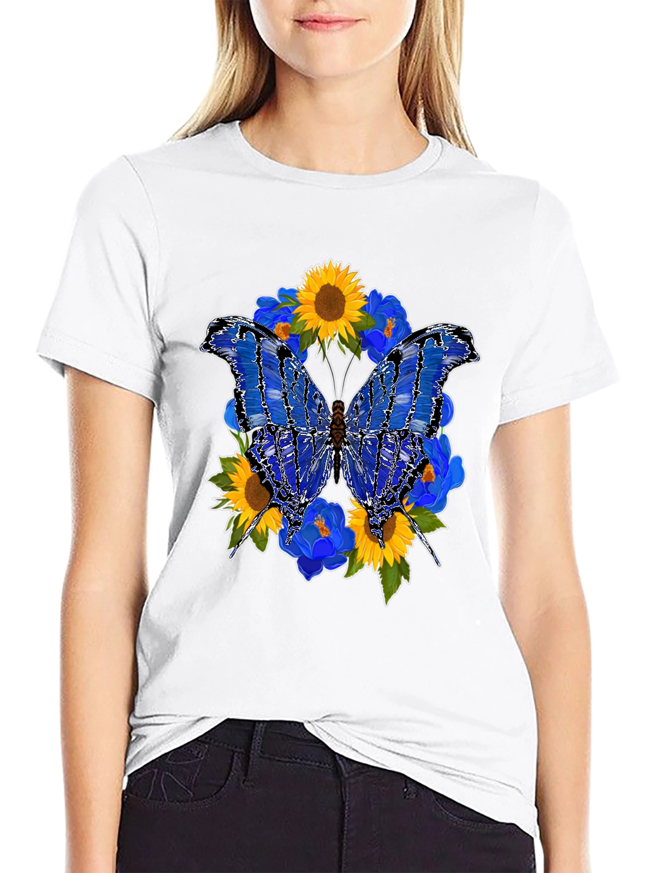 Butterfly Sunflower Graphic Black T-Shirt