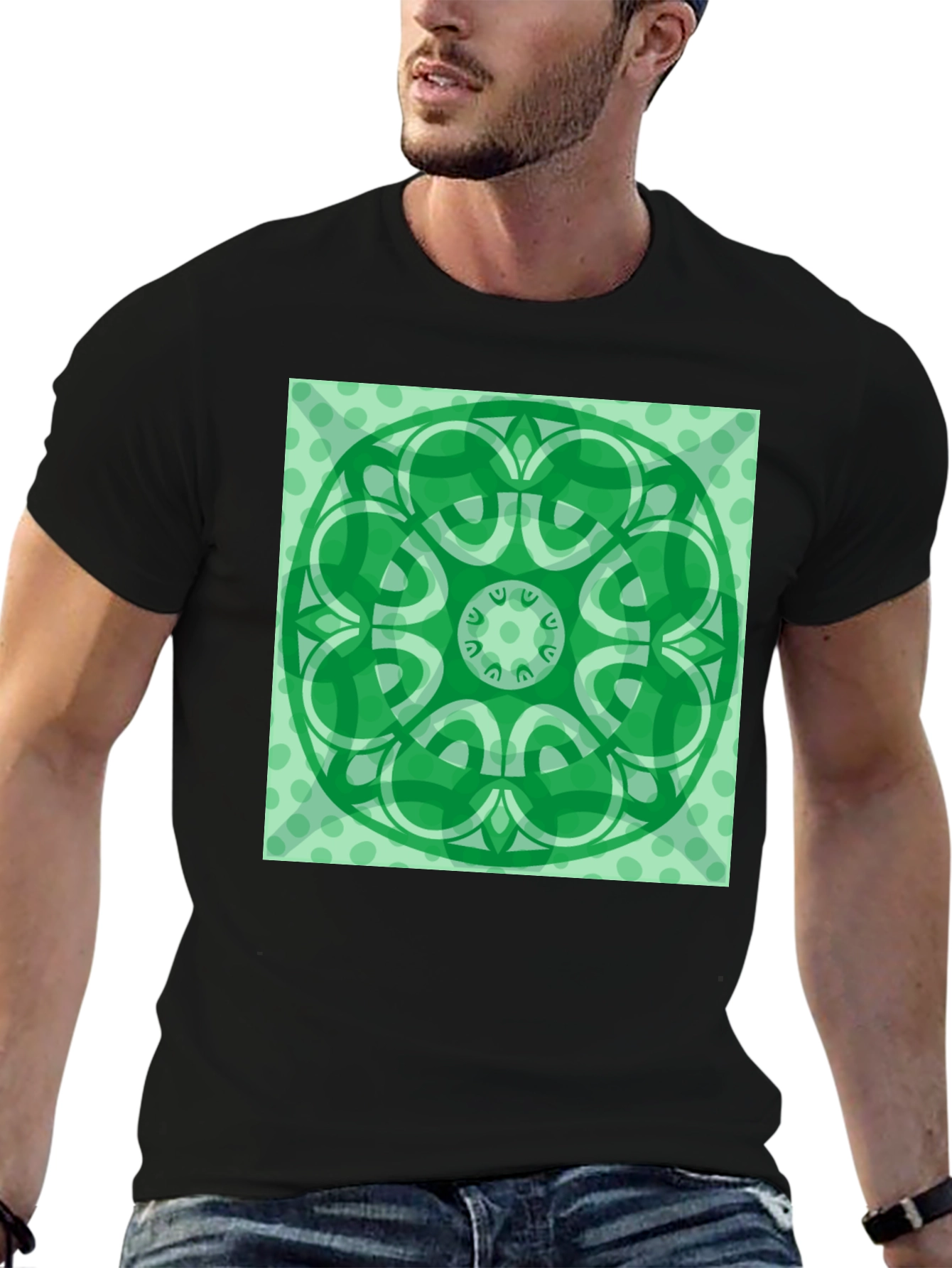 Green Mandala Graphic Black T-Shirt