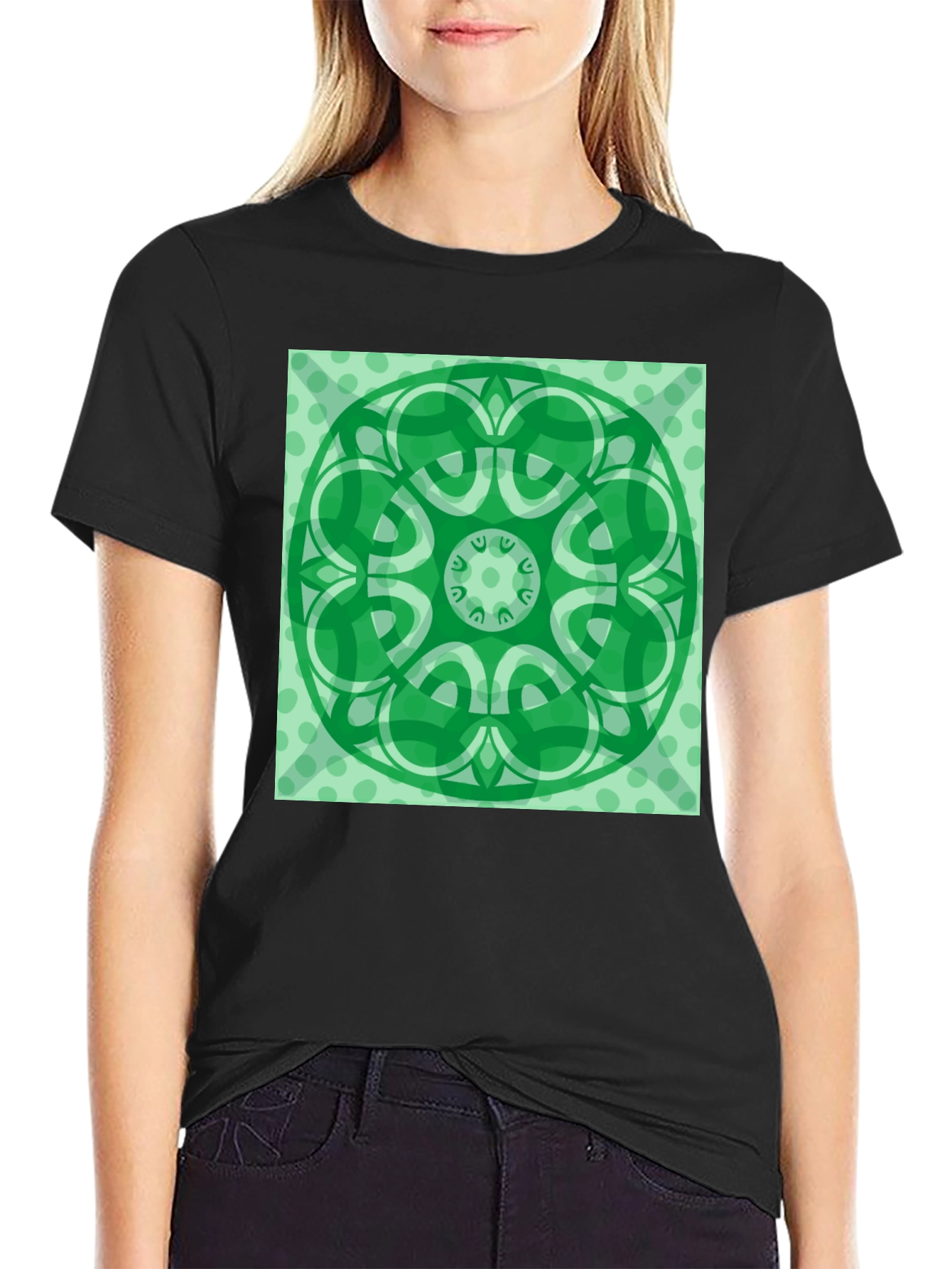 Green Mandala Graphic Black T-Shirt