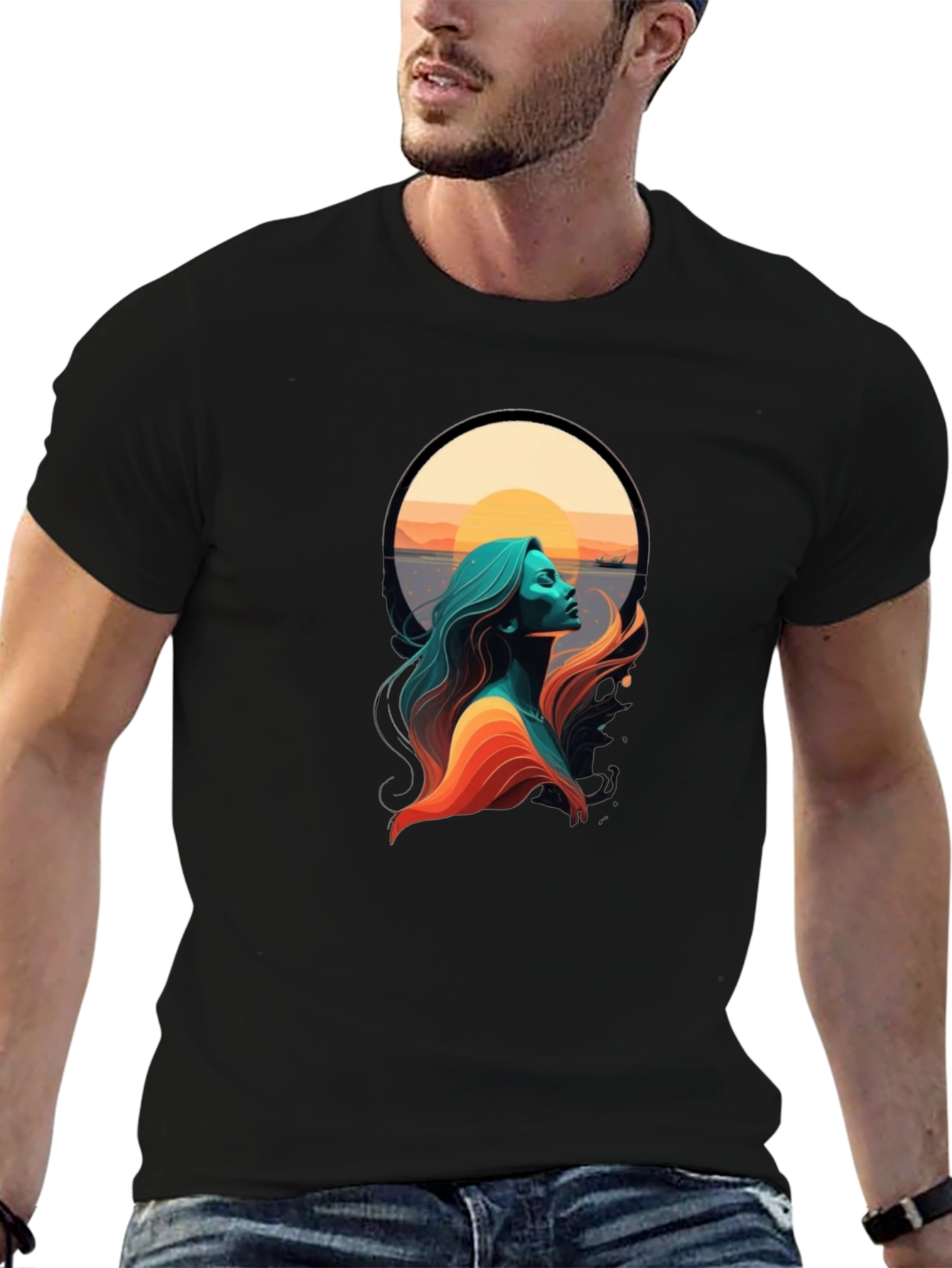Sunset Woman Graphic Tee - Stylish Black T-Shirt