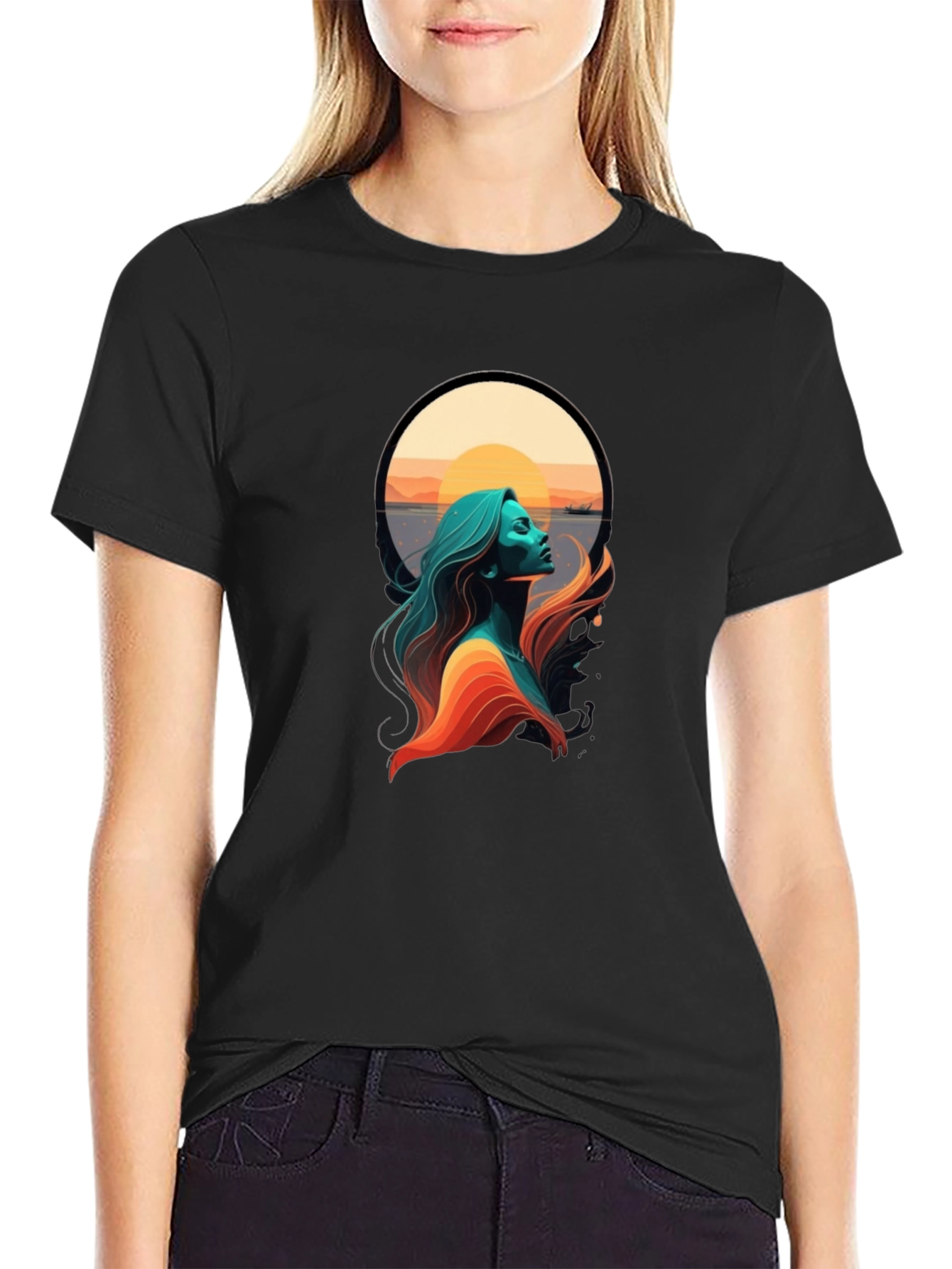 Sunset Woman Graphic Tee - Stylish Black T-Shirt