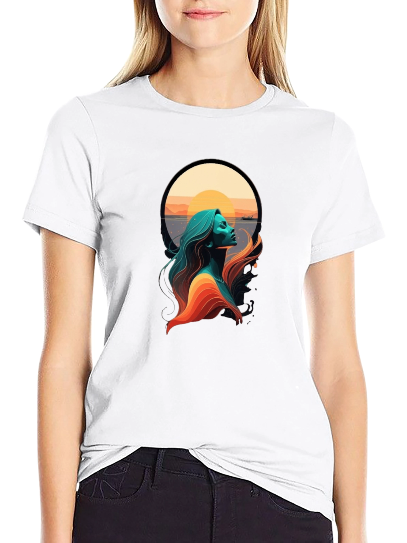 Sunset Woman Graphic Tee - Stylish Black T-Shirt