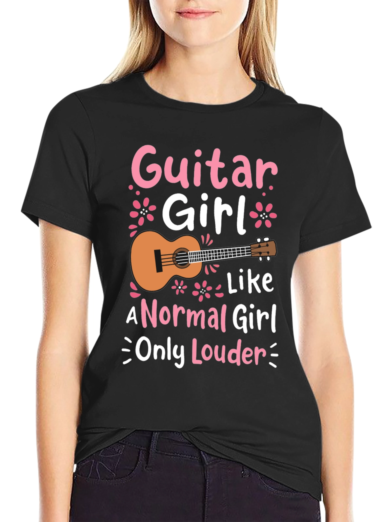 Guitar Girl Graphic Tee - Black Casual T-Shirt