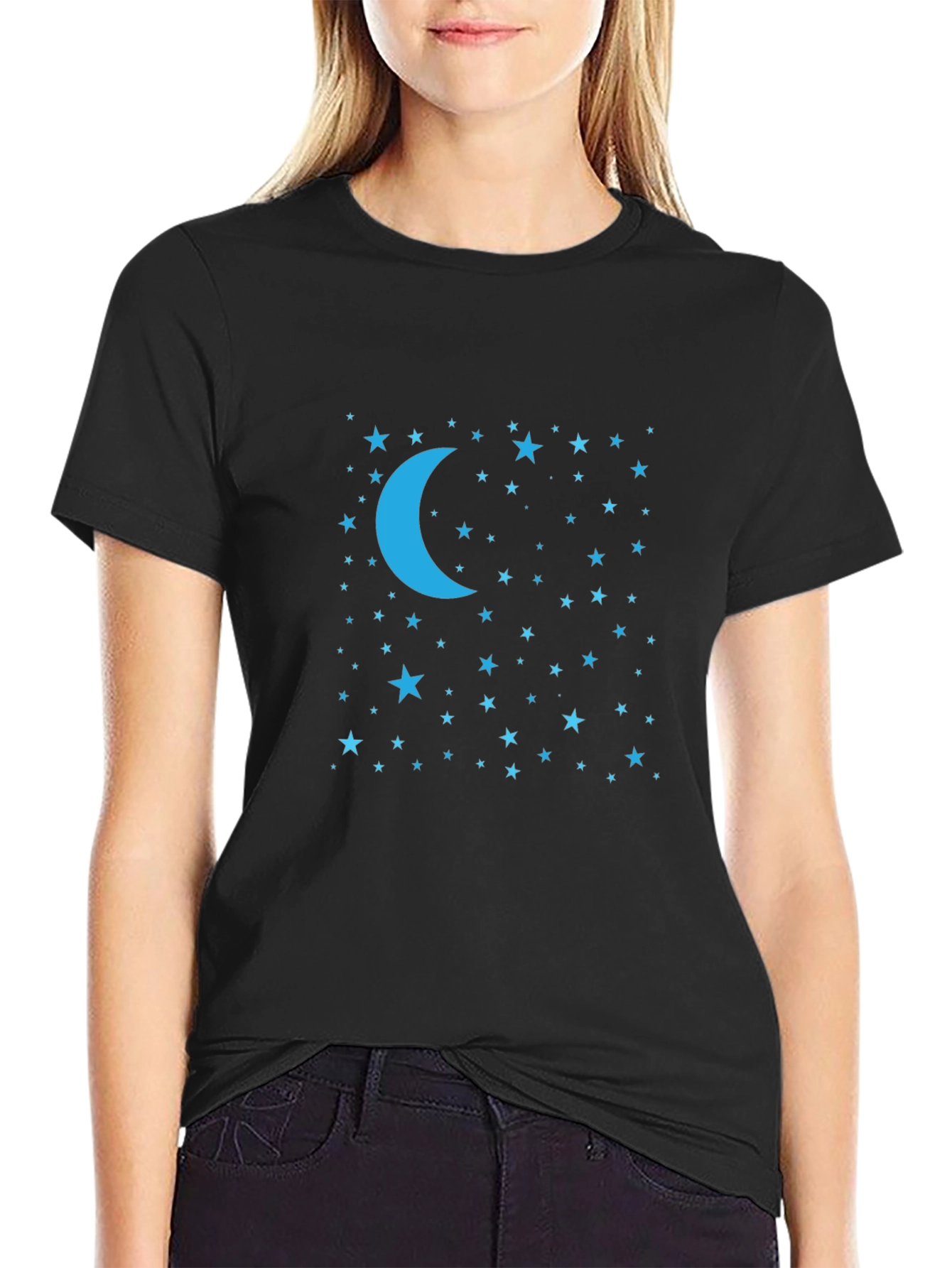Celestial Moon & Stars Graphic Tee - Black