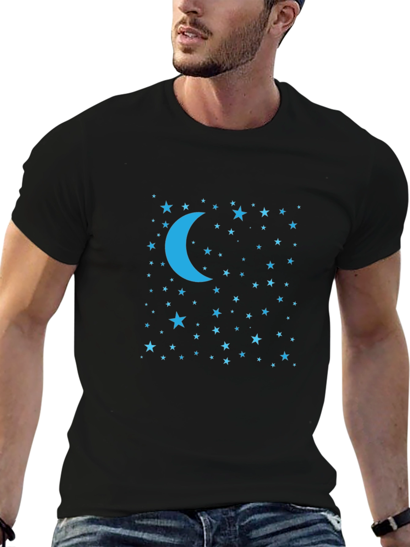 Celestial Moon & Stars Graphic Tee - Black