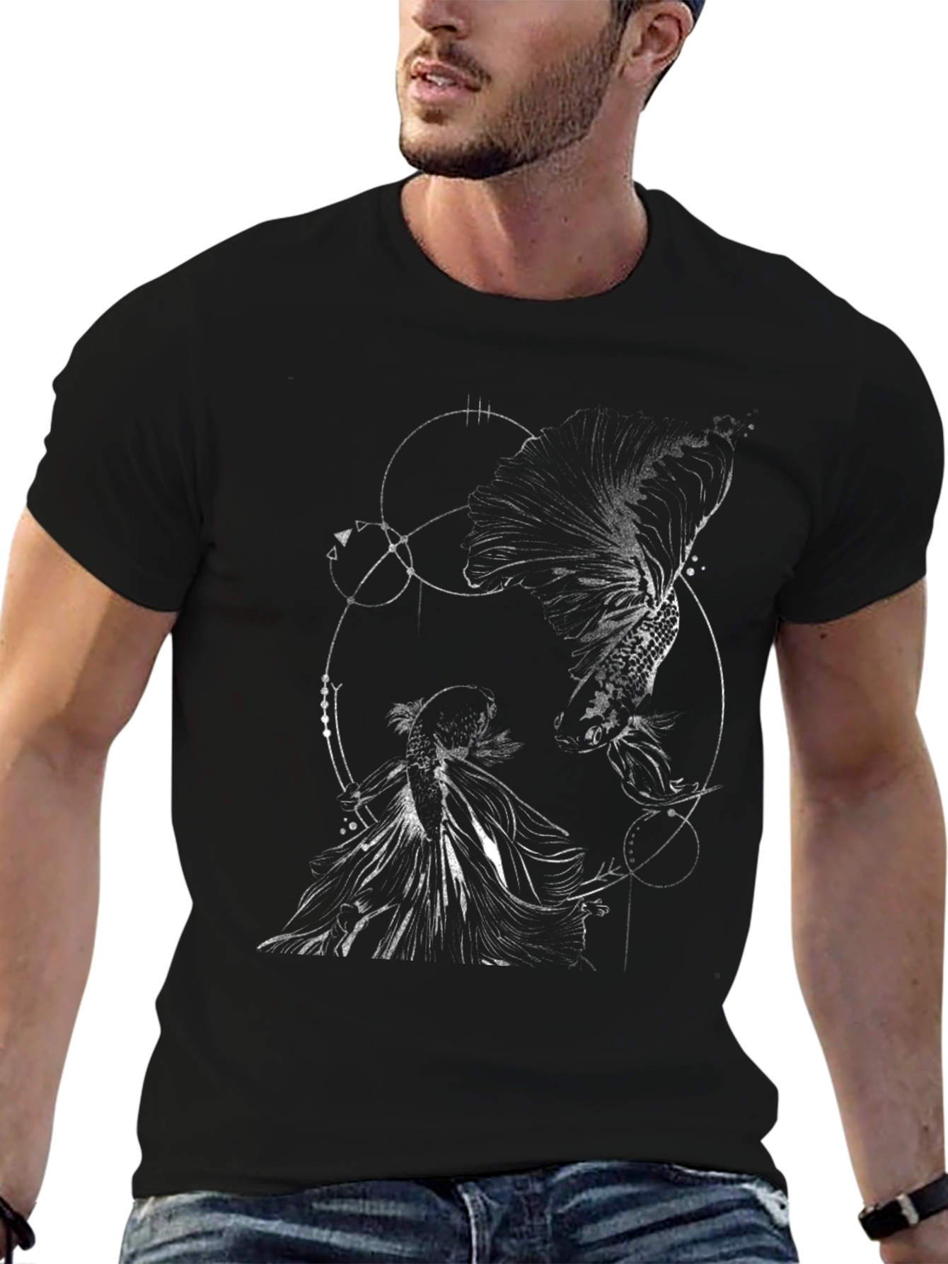 Geometric Fish Graphic Black T-Shirt