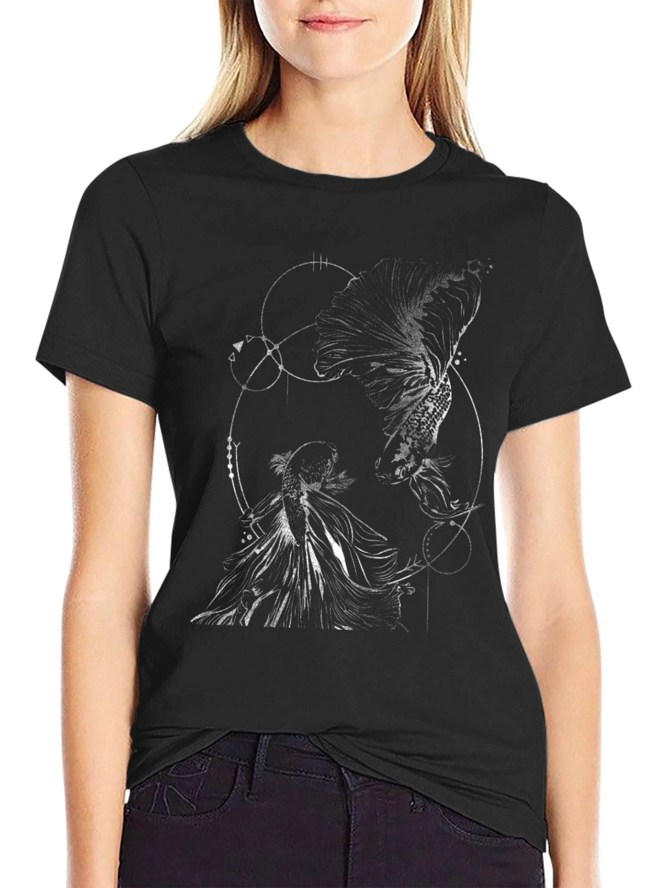 Geometric Fish Graphic Black T-Shirt