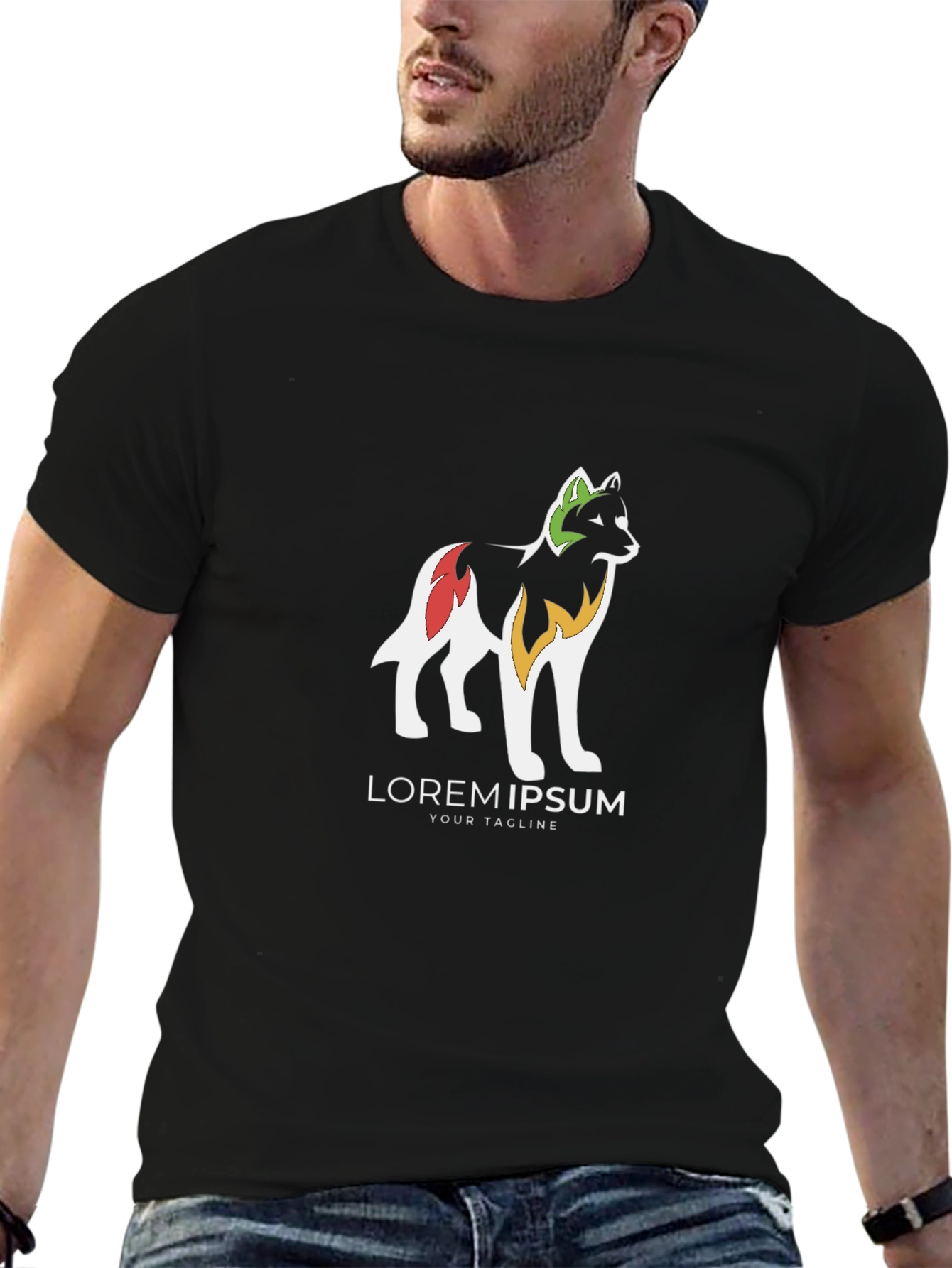 Black Graphic Tee - Stylized Wolf Design