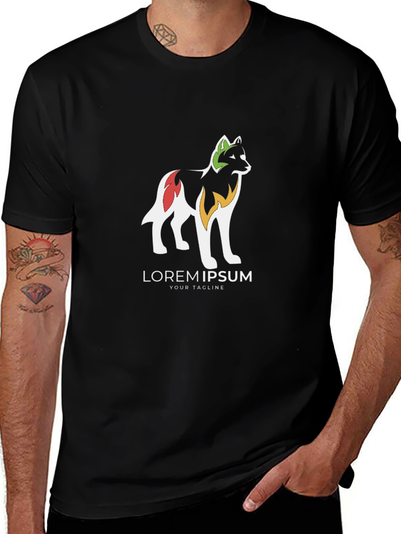 Black Graphic Tee - Stylized Wolf Design