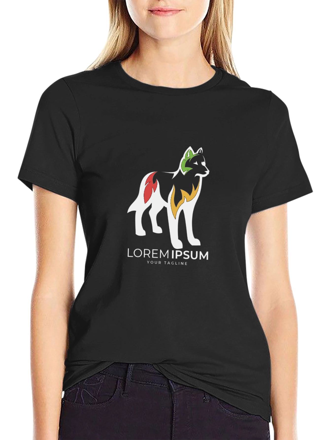 Black Graphic Tee - Stylized Wolf Design