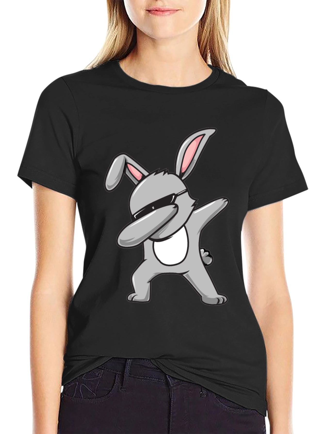 Dabbing Bunny Graphic Tee - Black Cotton T-Shirt