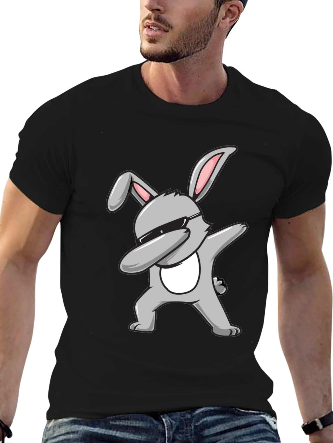 Dabbing Bunny Graphic Tee - Black Cotton T-Shirt