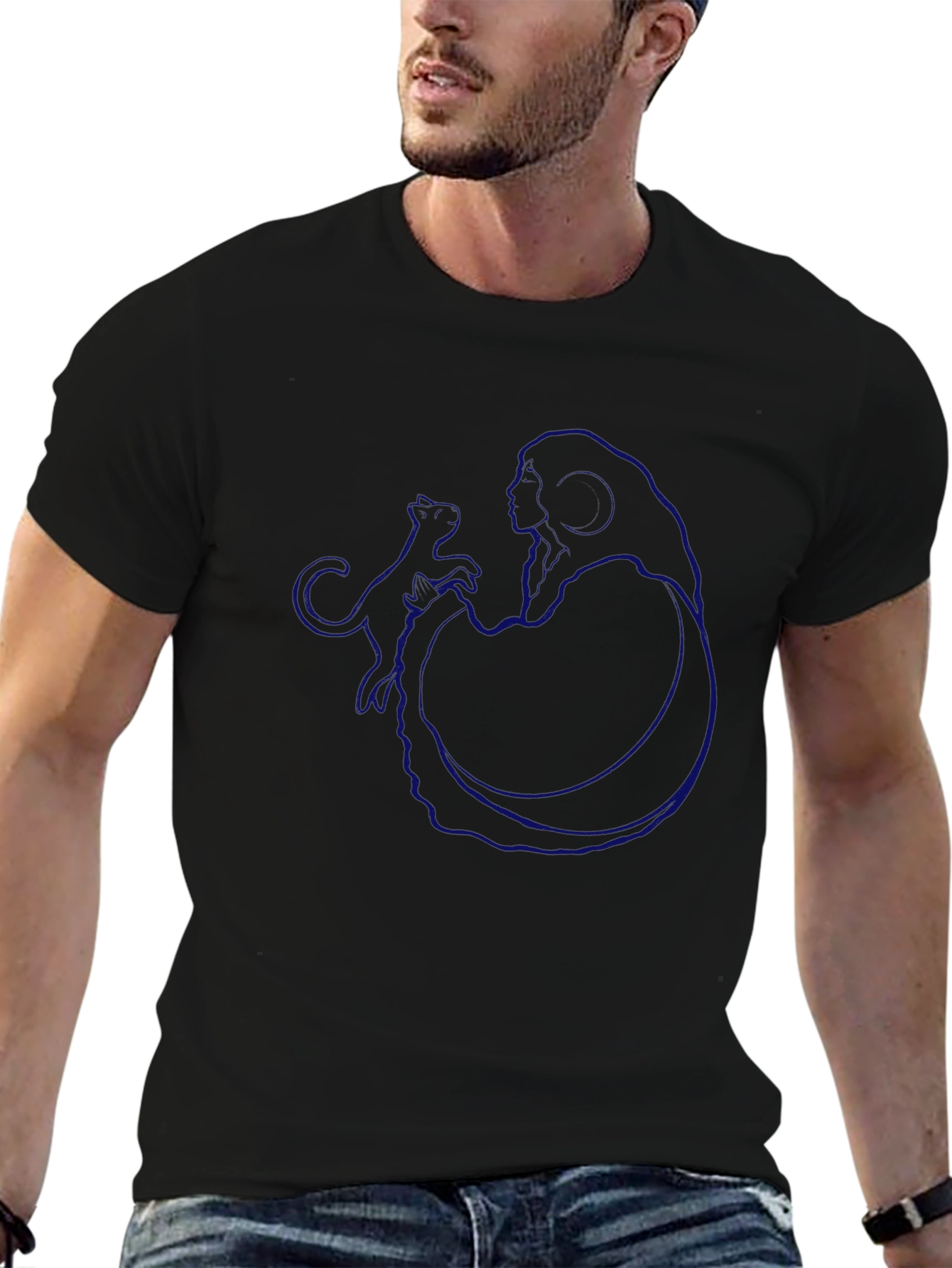 Modern Blue Graphic Print Black T-Shirt