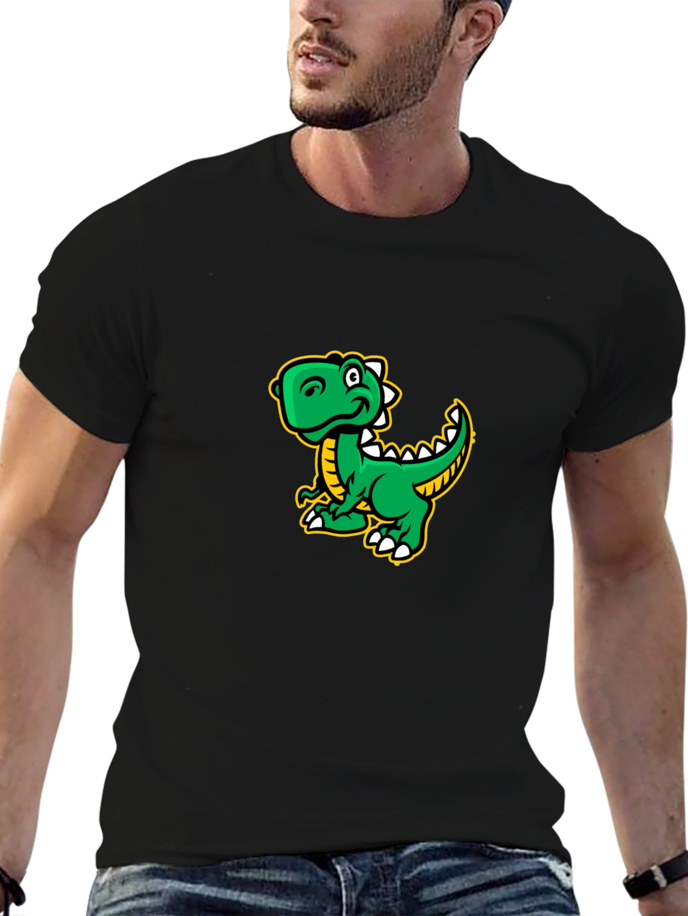 Cartoon Dinosaur Graphic Tee - Black Cotton T-Shirt