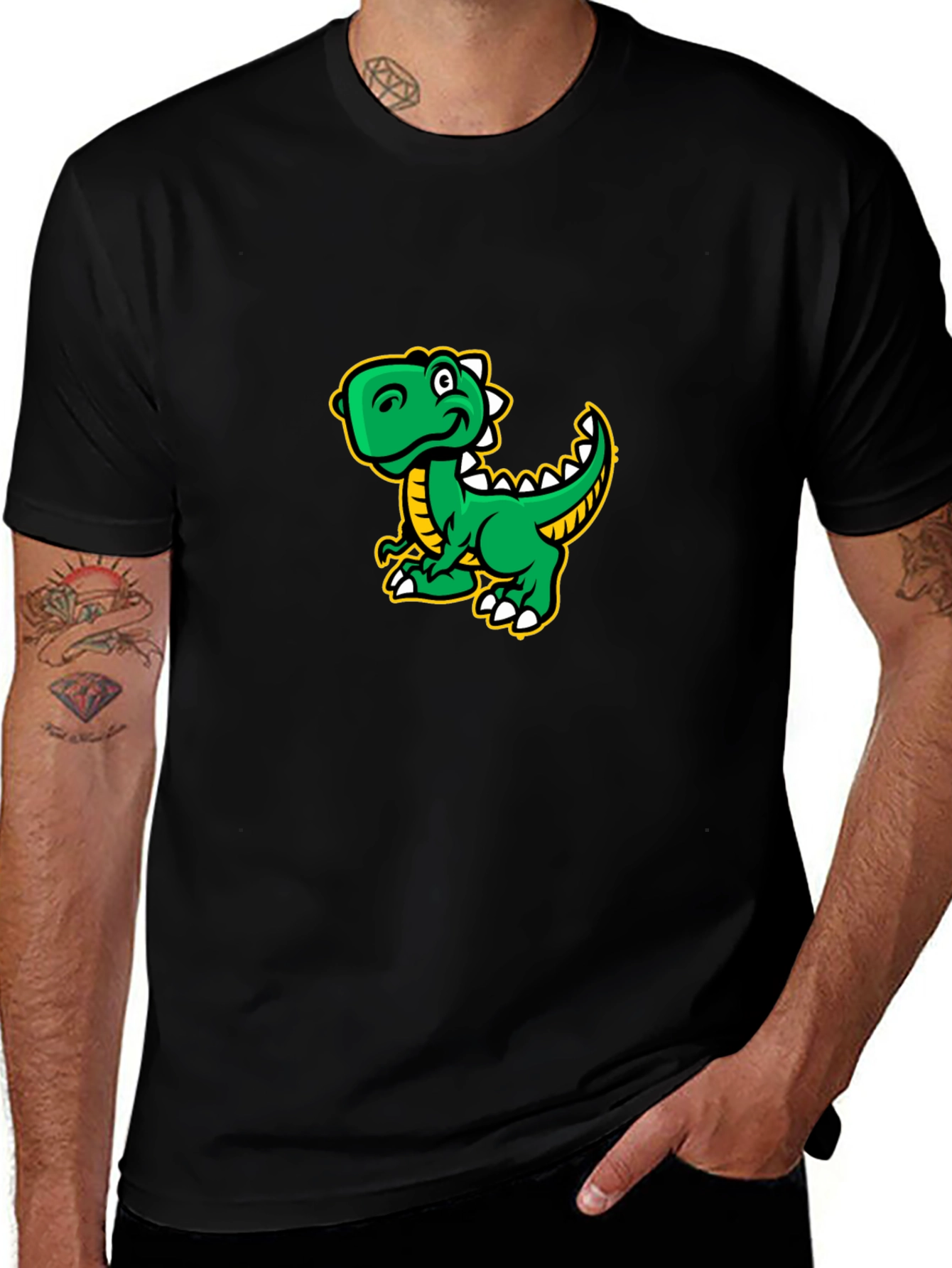 Cartoon Dinosaur Graphic Tee - Black Cotton T-Shirt