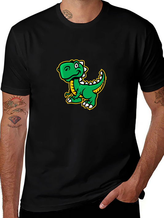Cartoon Dinosaur Graphic Tee - Black Cotton T-Shirt