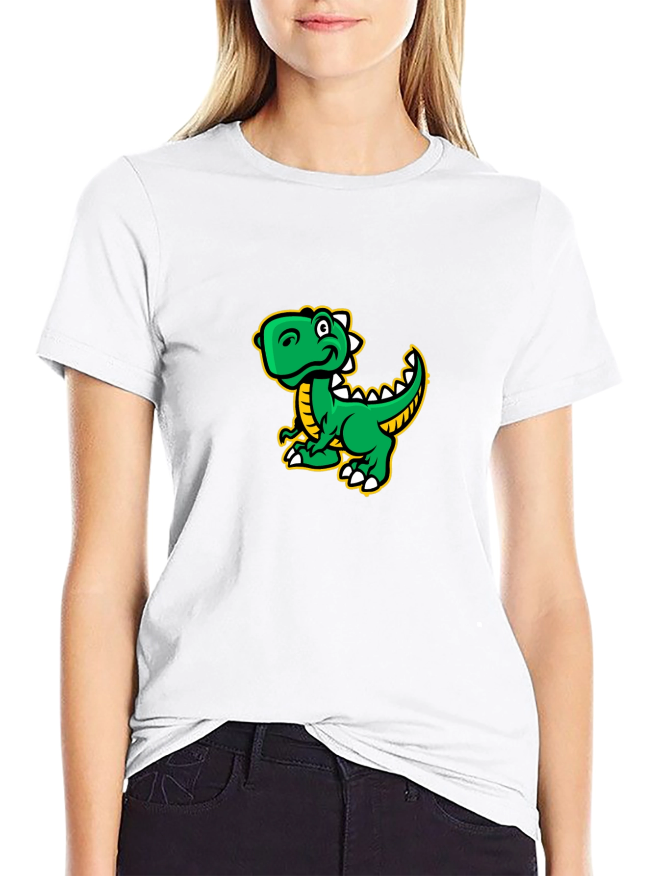 Cartoon Dinosaur Graphic Tee - Black Cotton T-Shirt