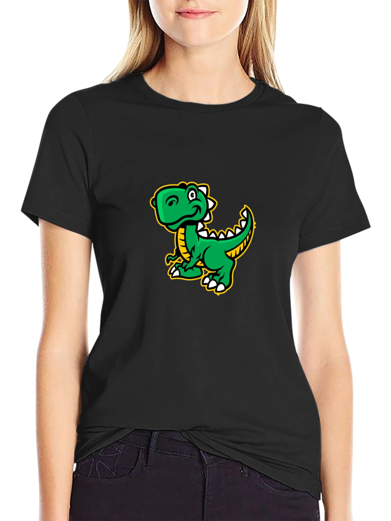Cartoon Dinosaur Graphic Tee - Black Cotton T-Shirt