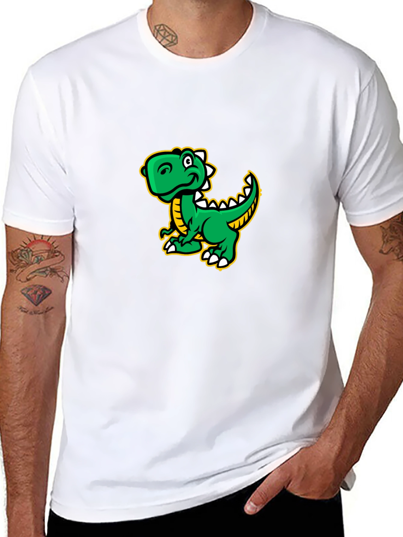Cartoon Dinosaur Graphic Tee - Black Cotton T-Shirt
